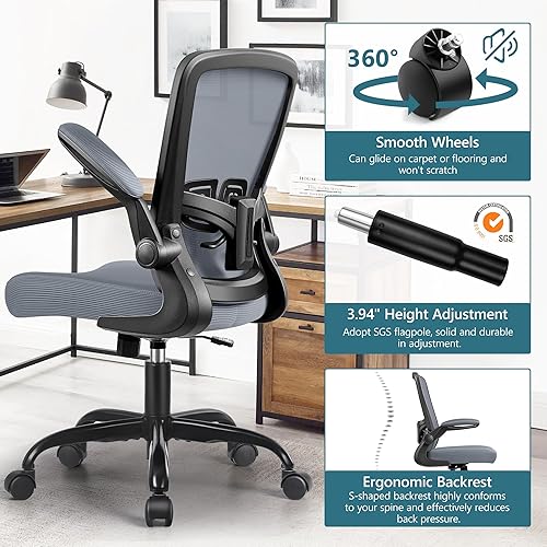 Miniatura 6 de MINLOVE Silla de oficina ergonómica con soporte lumbar ajustable y altura, reposabrazos abatibles de 90, sillas de escritorio Ergo con ruedas, silla