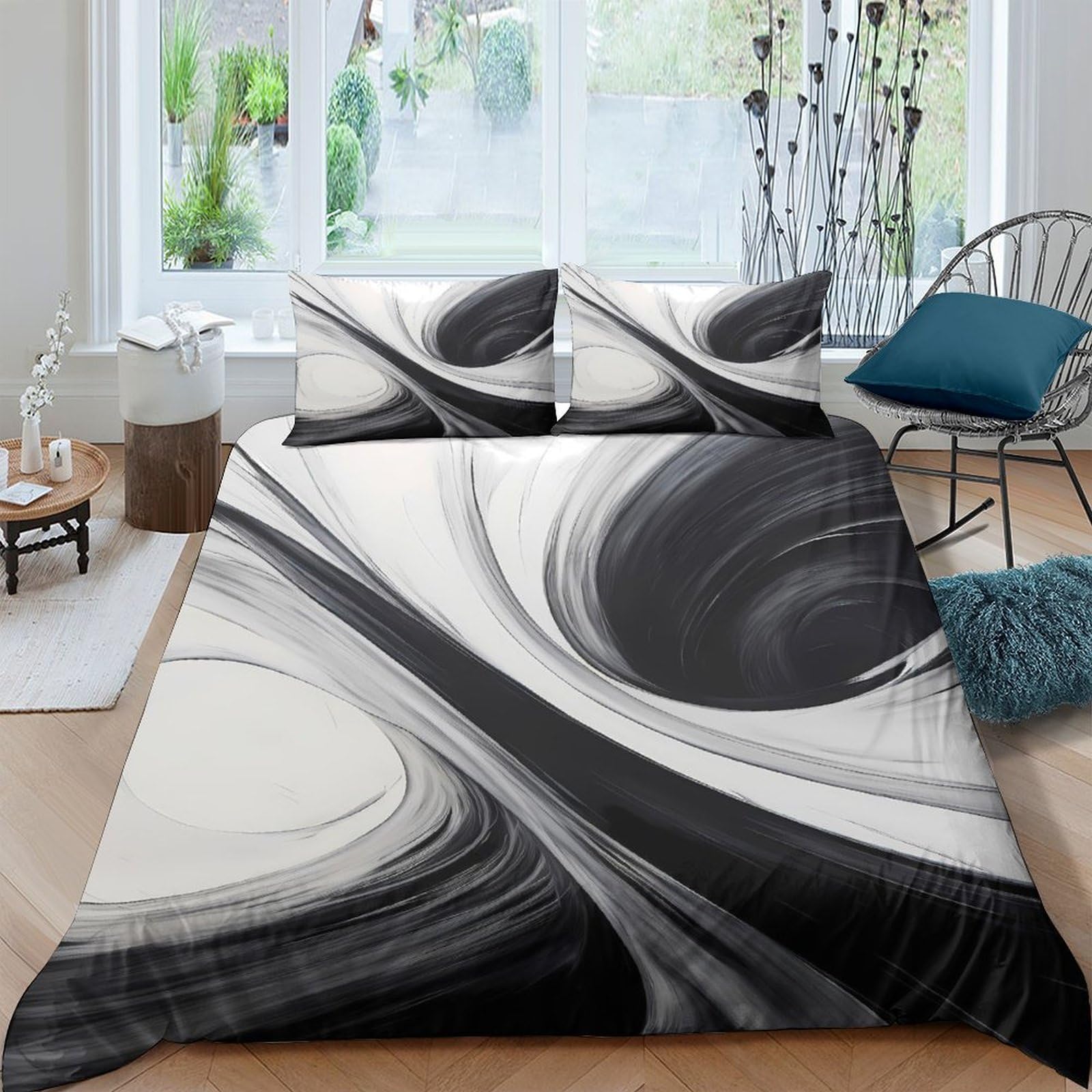 Ctjqhvkz Style-4 3D Printed Abstract Wave Fitted Sheet Microfiber Modern Black White Swirl Mattress Cover For Bedroom Decor Dorm Single（135X200cm）