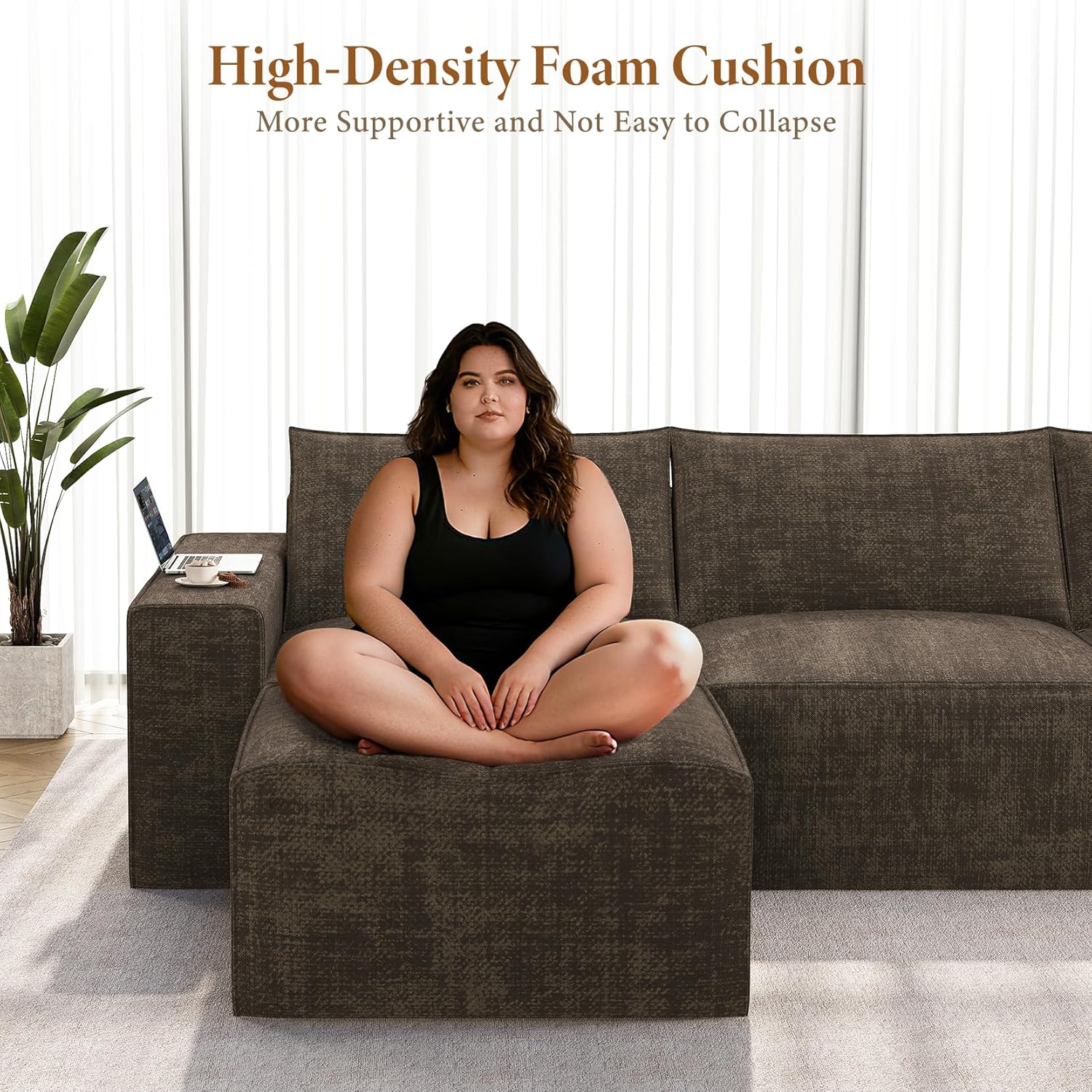 Vesgantti 114" Modular Boneless Couch, Modern 3 Seater Sectional Sofa with Ottoman & Deep Seat, Convertible Chenille L Shaped Cloud Couches for Living Room, No Assembly Required, Dark Brown