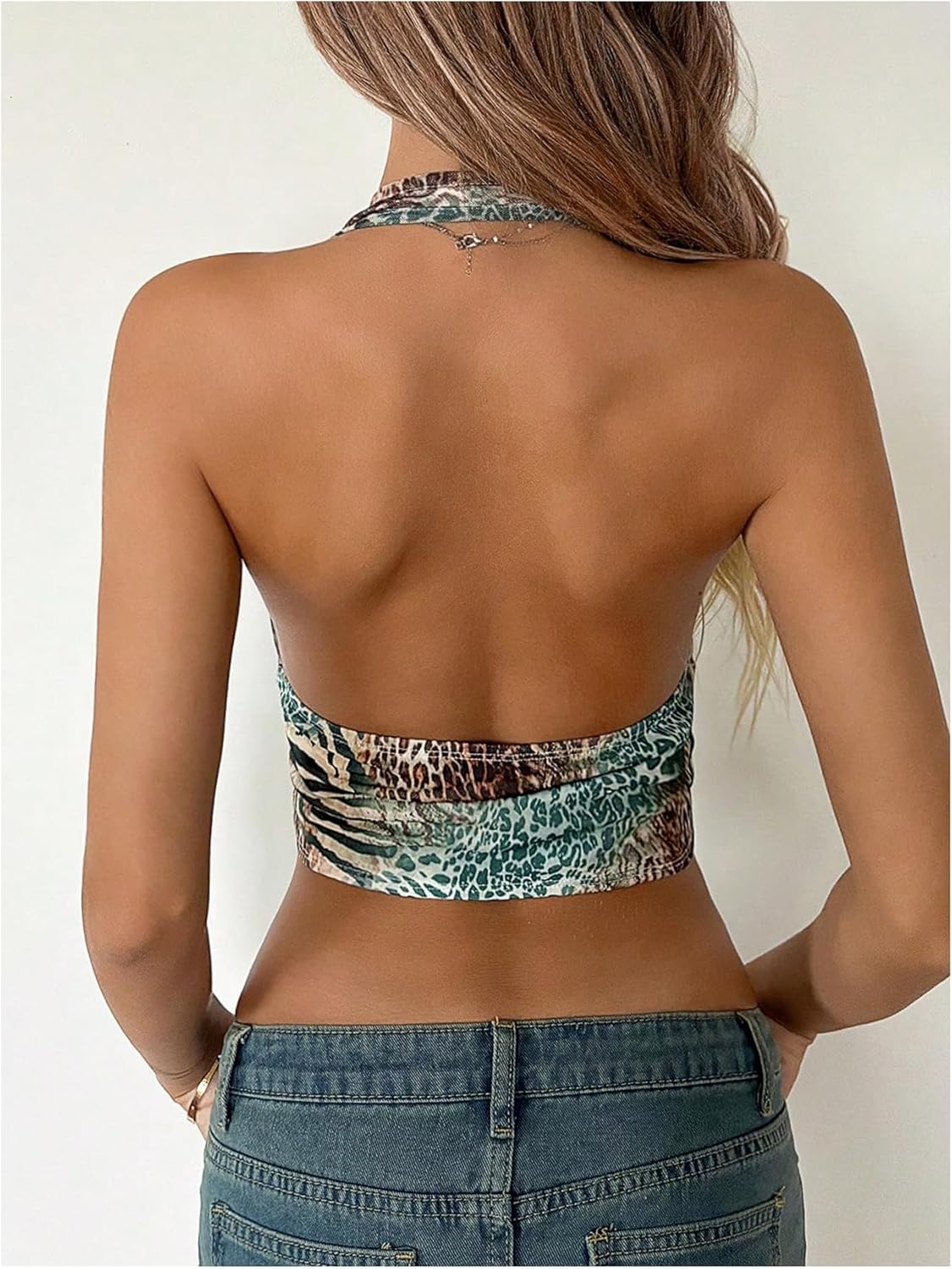 MakeMeChic Women's Cheetah Print Top Halter Corset Top Sexy Deep V Neck Going Out Tops - Image 4