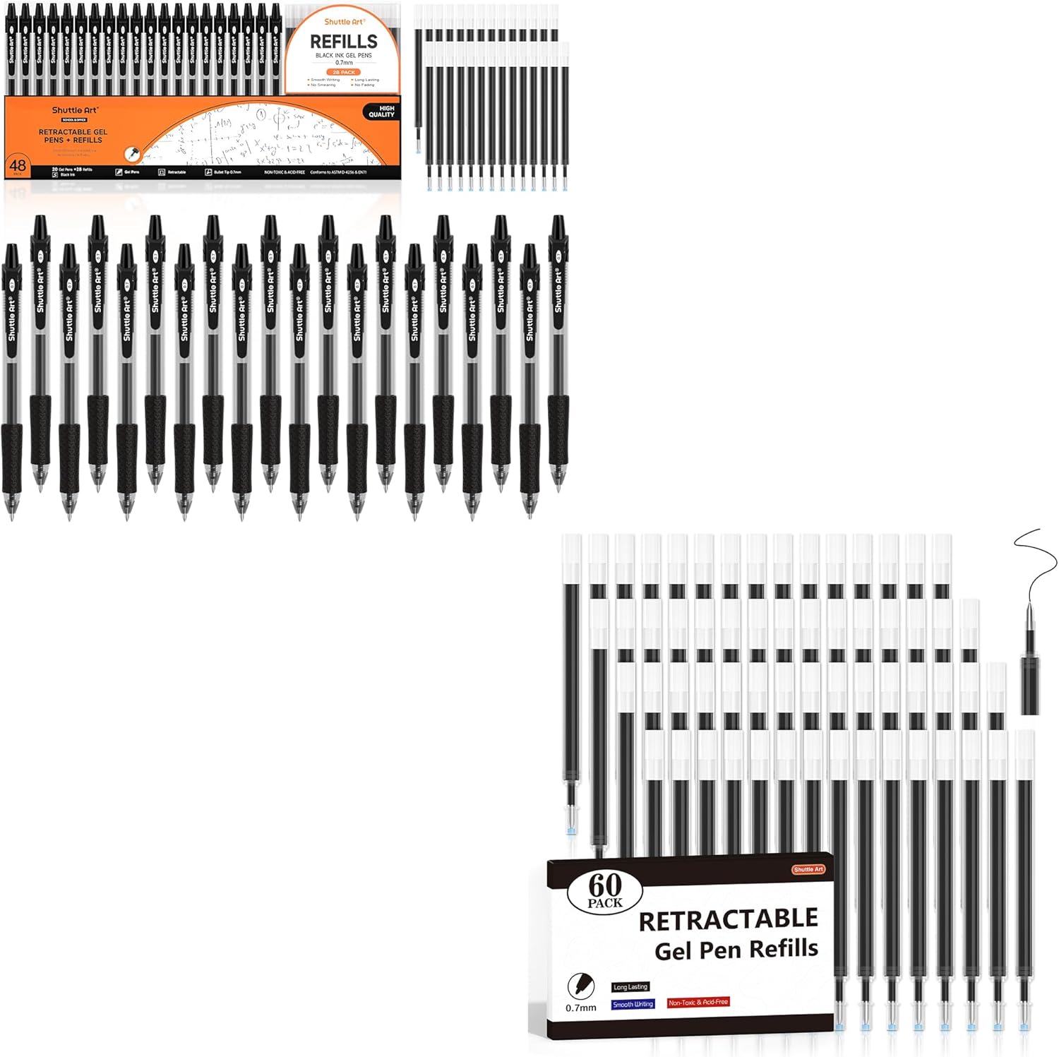 Shuttle Art School & Work Supplies Bundle, 48 Pack Black Retractable Gel Pens + 60 Pack Black Retractable Gel Pen Refills 0.7mm Fine Point for Writing Journaling Taking Notes School Office Home