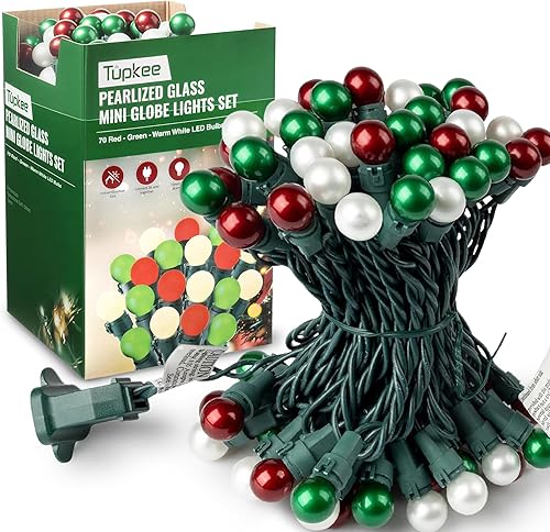 Tupkee Juego de mini luces de globo de cristal perlado, 70 bombillas LED G15 rojas, verdes y blancas cálidas, para interiores y exteriores, 25.3