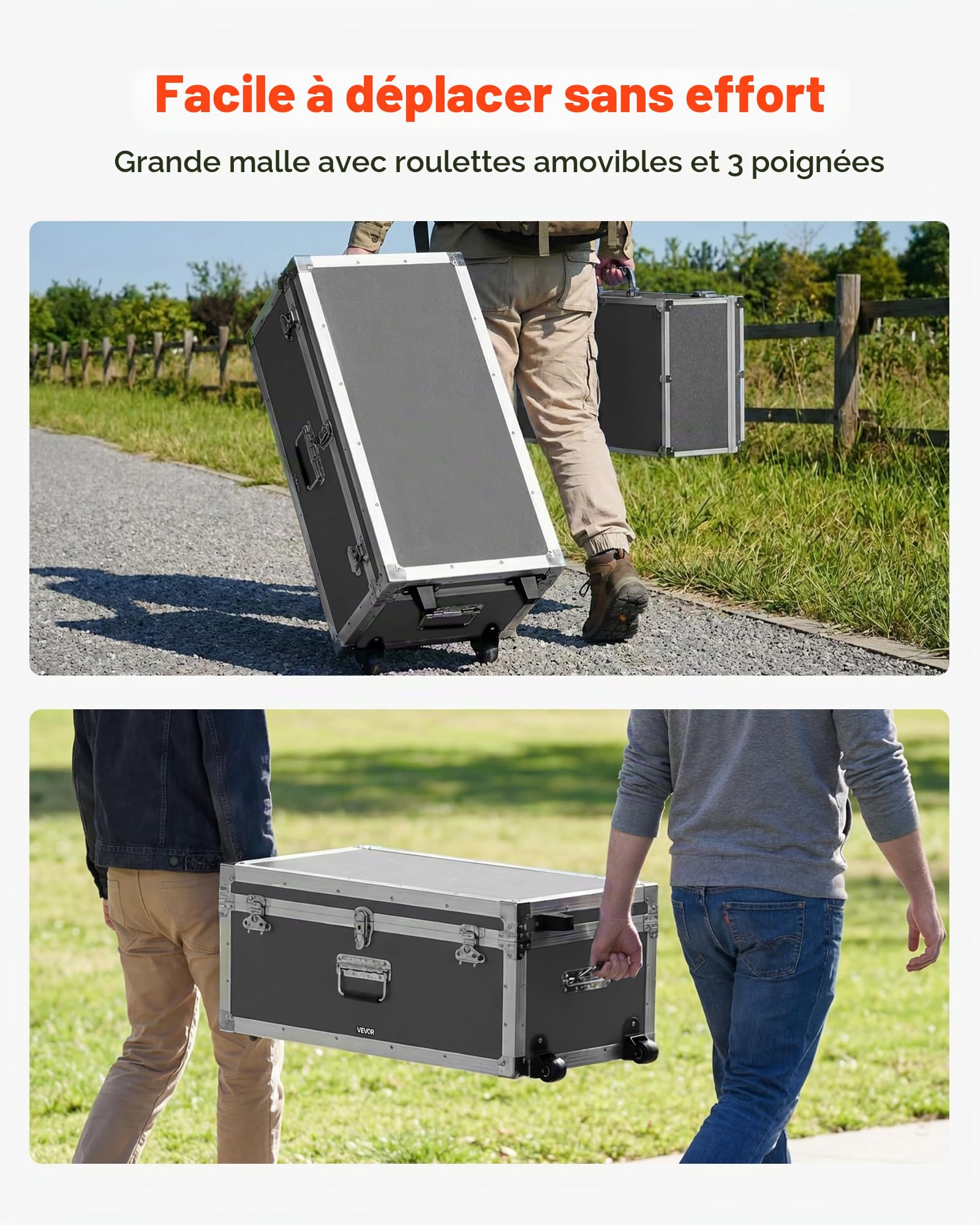 VEVOR Lot de 2 Caisses de Transport, Coffre de Rangement à Roulettes avec 3 Poignées Métalliques, Valises pour Déménagement, Voyage, Stockage d'Outils, Cadre en Métal et Cadenas à Combinaison, Grises