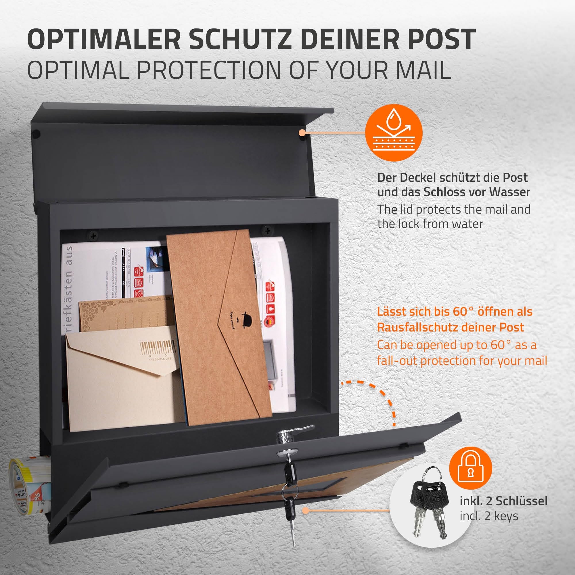 ML-Design Boîte aux Lettres 37x36,5x11 cm Anthracite/Optique Bois, en Acier, Boîte Postale avec Compartiment à Journaux/Courrier, Verrouillable avec 2 Clés, Murale, Design Moderne, avec Porte-Journaux