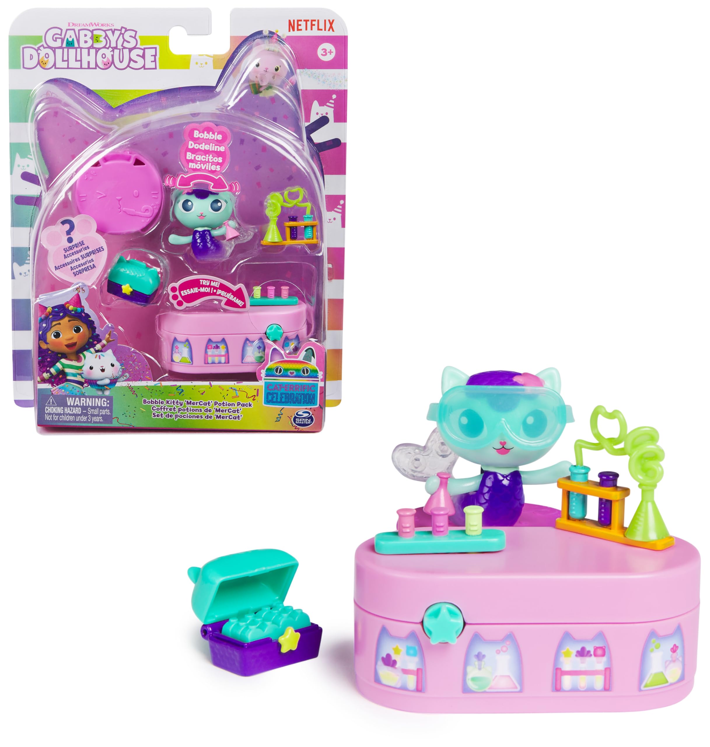 DREAMWORKS GABBY'S DOLLHOUSE - Bobble Kitty Möbel Pack von Meerkätzchen, Katzen-Figur mit Puppenhausmöbeln und Zubehörteilen, ab 3 Jahren