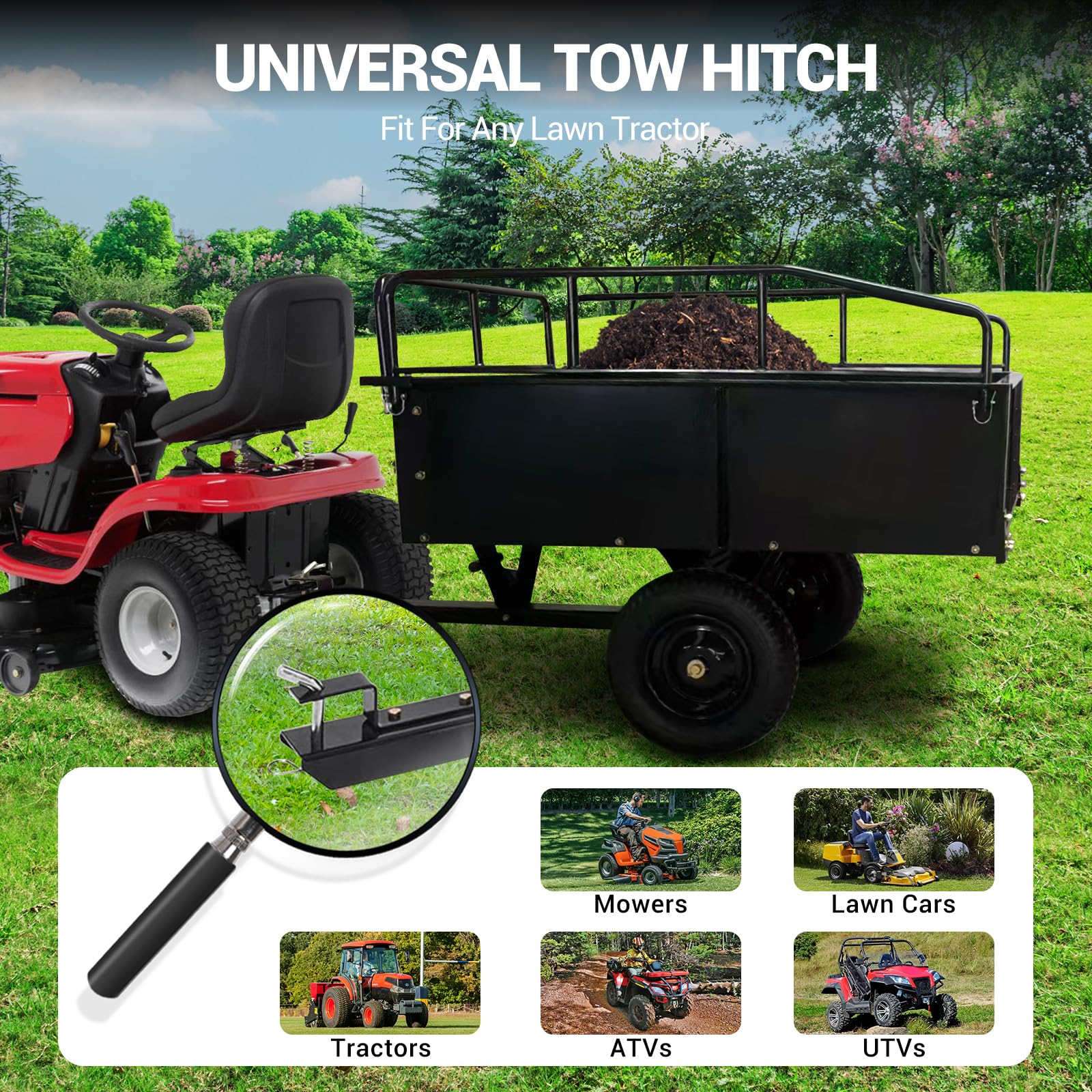 Garvee Remolque Utilidad Robusta 900 LB - Volquete basculante de acero con derrame manual y pedal - Ruedas todoterreno, doble rodamiento, ideal para tractor cortacésped, Quad, granja, madera