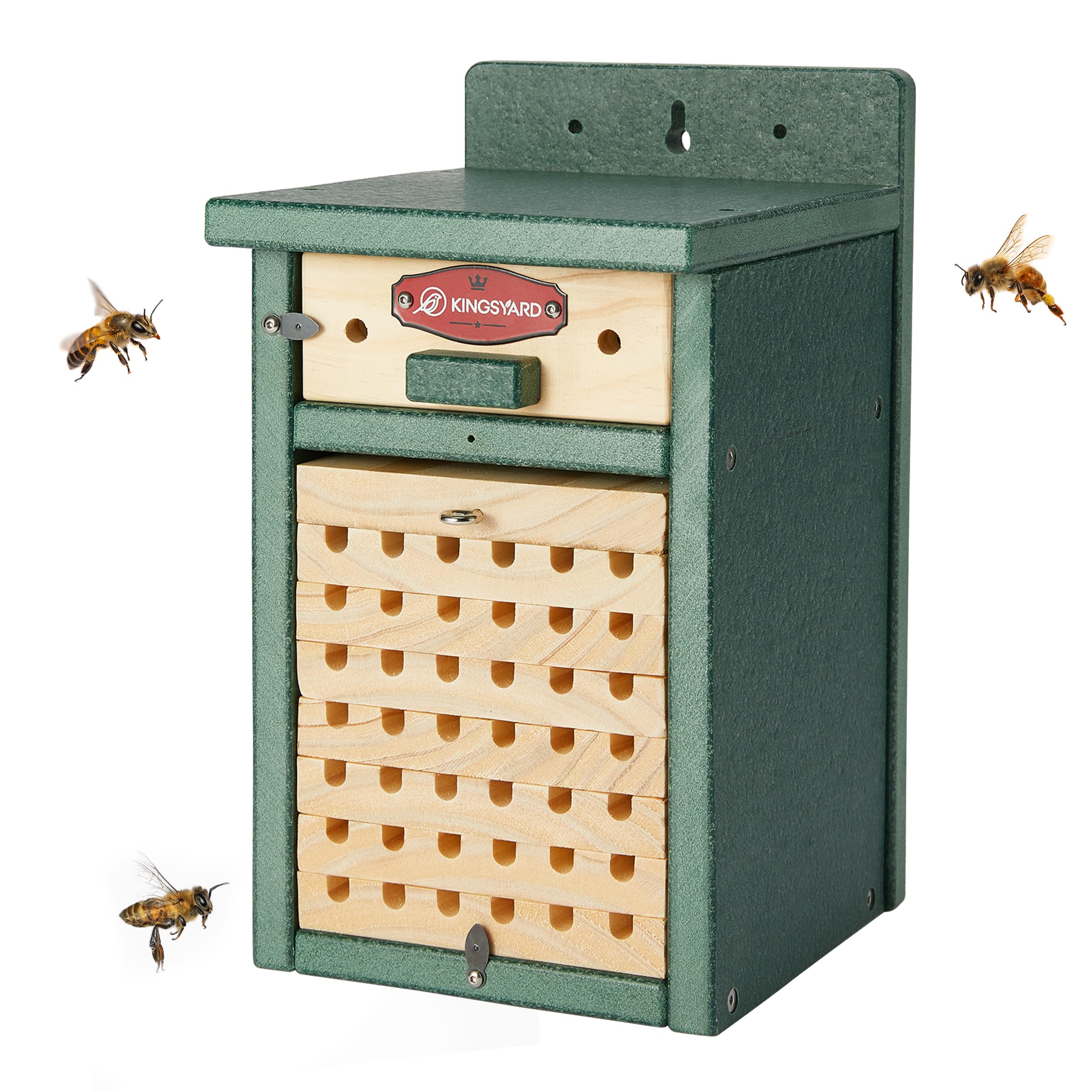Kingsyard Mason Bee House for The Garden - Durable Recycled Plastic Carpenter Bee Hive - Easy to Install & Maintain Insect Hotel for Orchard Pollination. Green