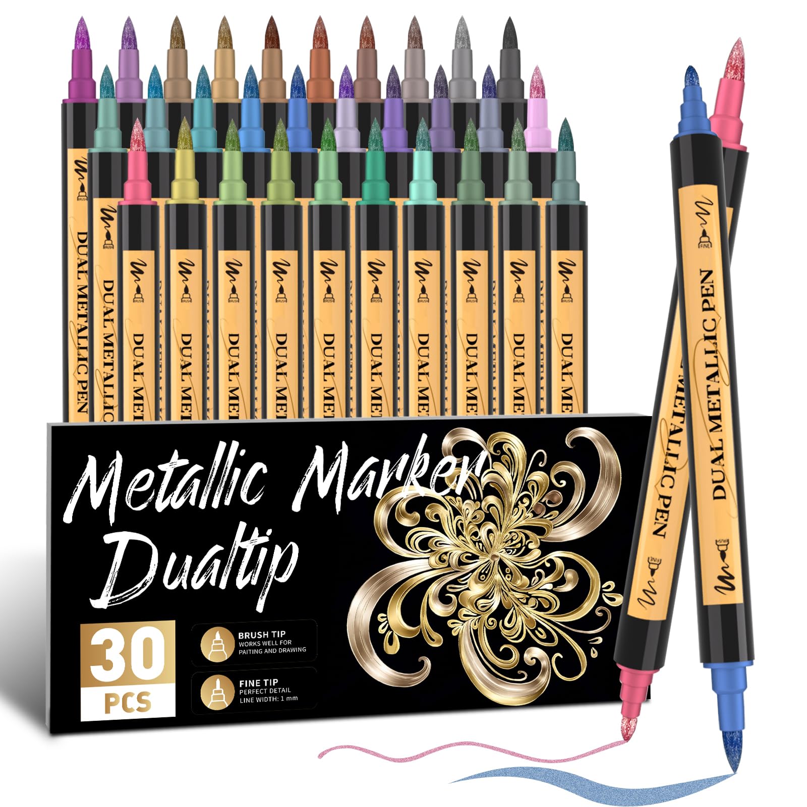 ABEIER 30 Metallic Acrylic Paint Pens, Dual Tip (Fine & Brush) Metallic Pens for Paper, Rock, Wood, DIY Photo Album, Card Making, Scrapbook Supplies, Metal, Ceramic, Glass for Adults