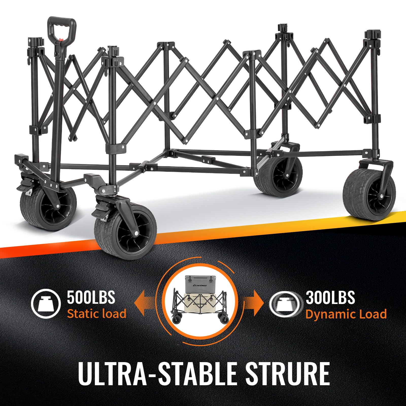 EchoSmile XXXXL Chariot Pliable 300L 227KG, Version Plus Haute du Chariot de Plage avec Grandes Roues Tout-Terrain, Le Camping, Jardin & Les Courses, Noir