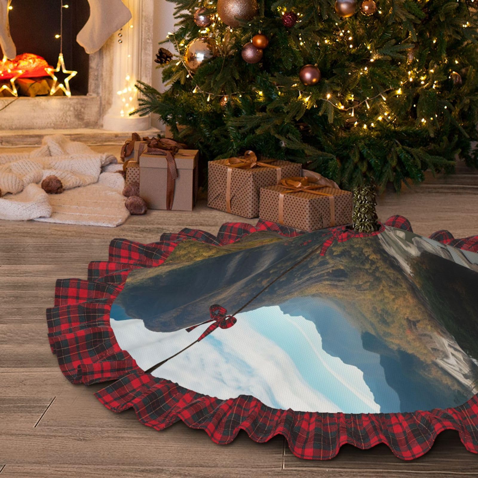Jupe de sapin de Noël 122 cm imprimé paysage pour décor intérieur et extérieur