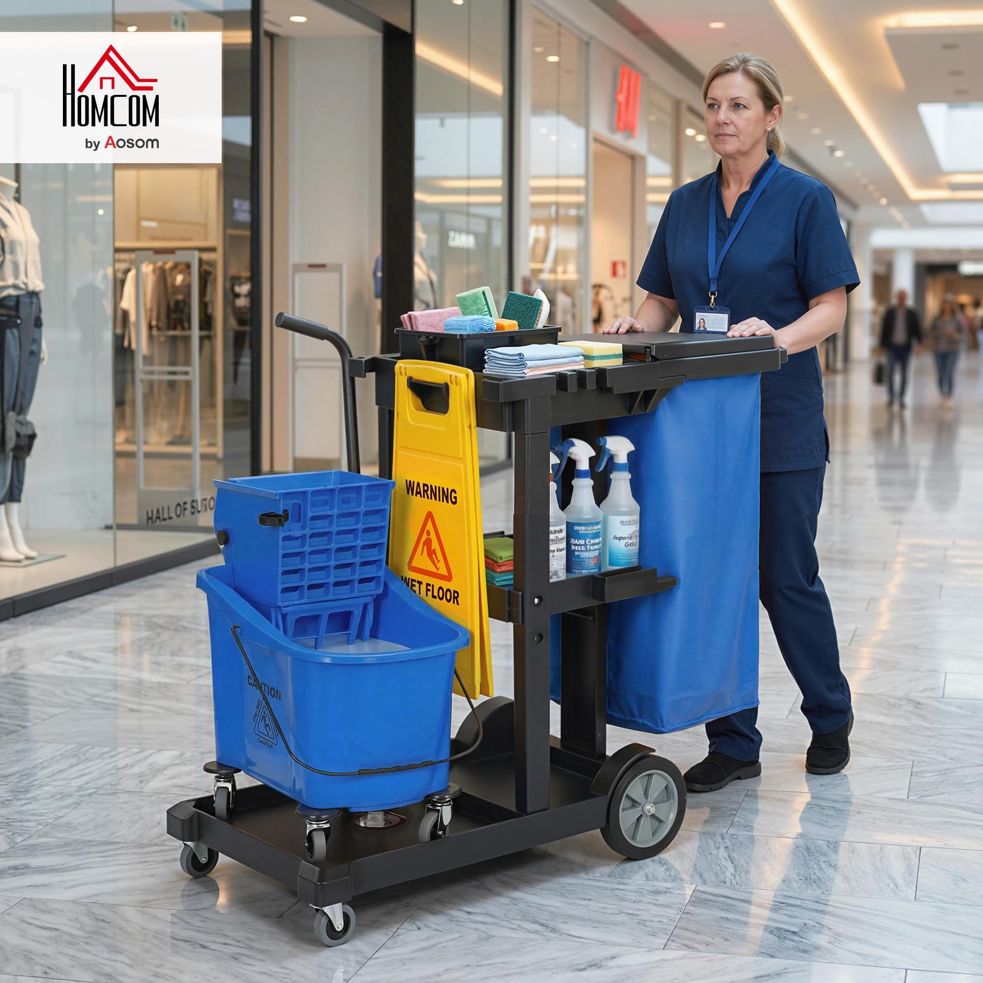 HOMCOM Putzwagen Reinigungswagen 3 Ebenen 70 L Müllsack mit Abdeckung Rollen Moppeimer mit Presse Werkzeughaltern Warnschild 122x46,5x101 cm