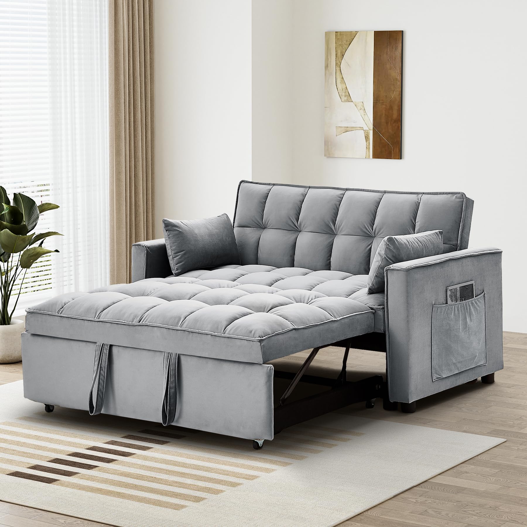 3 in 1 Convertible Sleeper Sofa Bed, Modern Futon Couch Pullout Couches Bed, Velvet Small Loveseat with Adjustable Backrest, Storage Pockets and Pillows for Living Room (Light Grey)