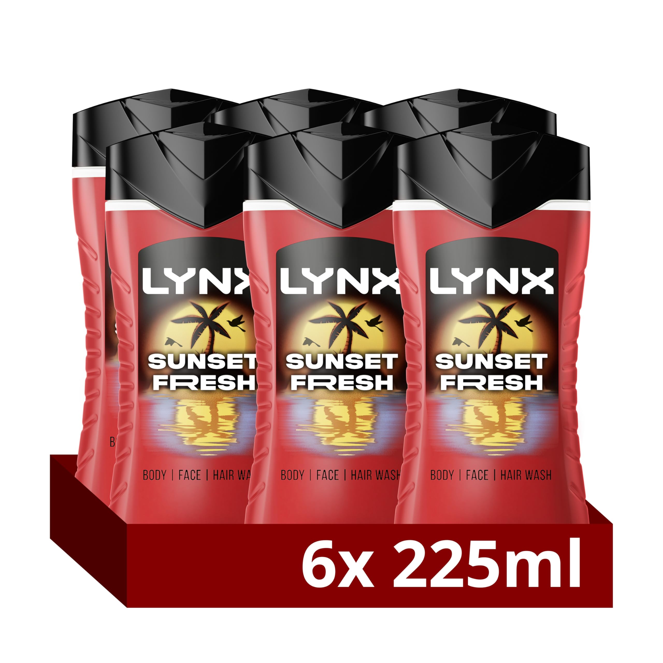 Lynx Sunset Fresh 3-in-1 Body Wash Men's Hair, Face and Body Cleanser with a mango & mandarin scent for all-day freshness 6x 225 ml