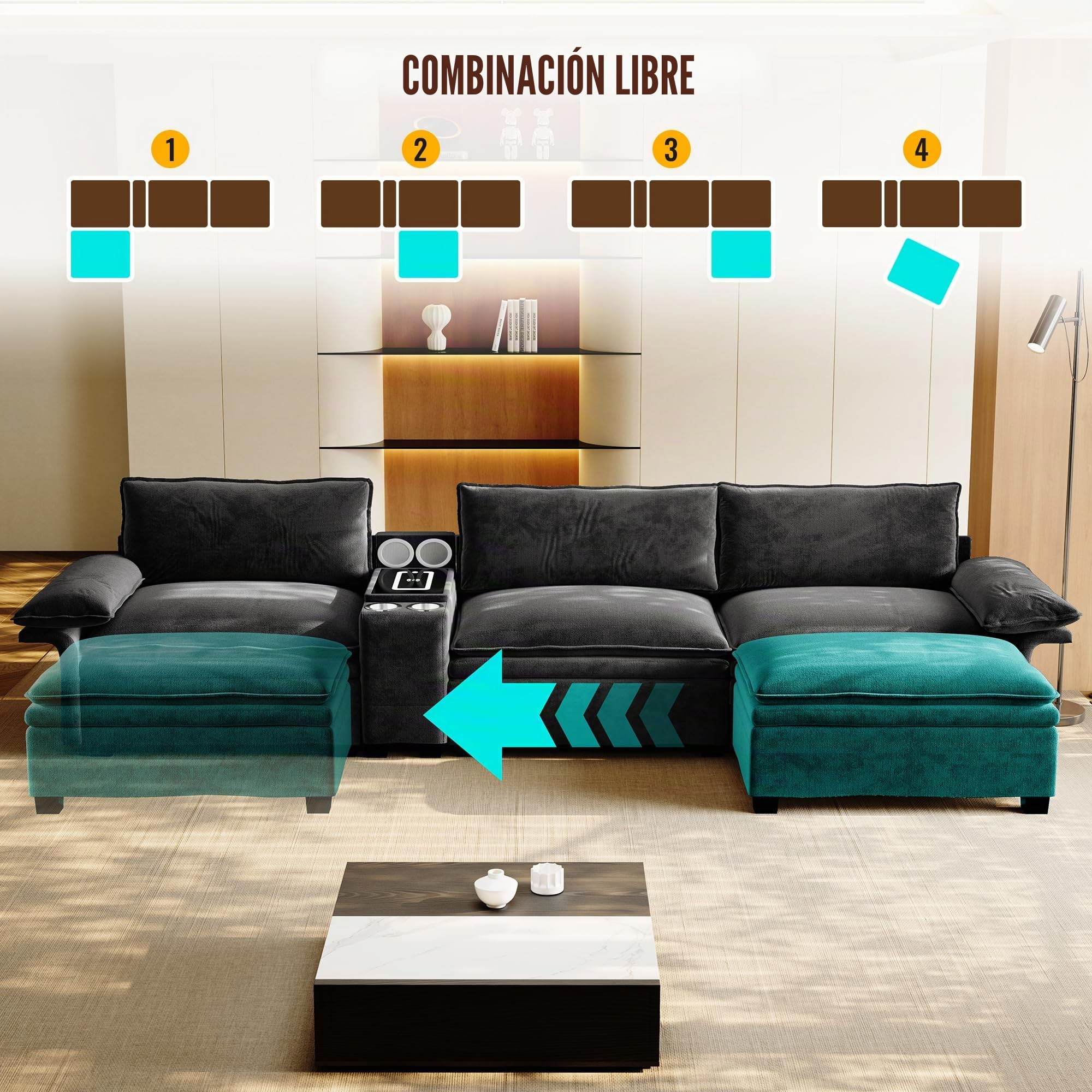 Sofá modular en L de 315 cm con otomano, chenilla Cloud sofá con espacio de almacenamiento, carga inalámbrica, altavoz Bluetooth, luz ambiental y 2 soportes para bebidas, 4 plazas para salón y oficina