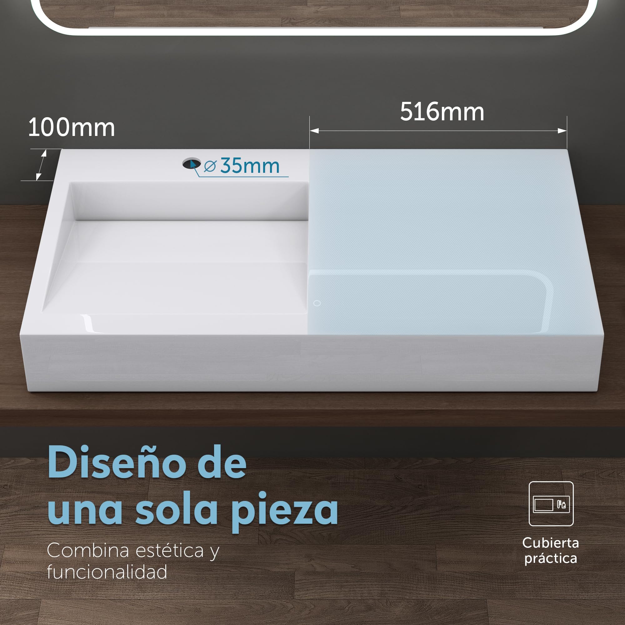 doporro Lavabo Suspendido de Mármol Fundido Blanco 100x50x15 cm – Lavabo de Baño sobre Encimera, Rectangular, Colossum11