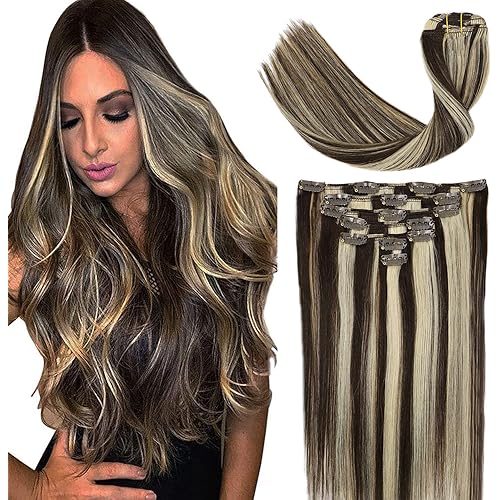 VARIO Hair Clip in Human Hair Extensions Dark Brown to Blonde Highlights 70gram Long Straight Full Head Remy Clip in Balayage Hair Extensions Human Hair 7 Pieces #2P613 15 Inch