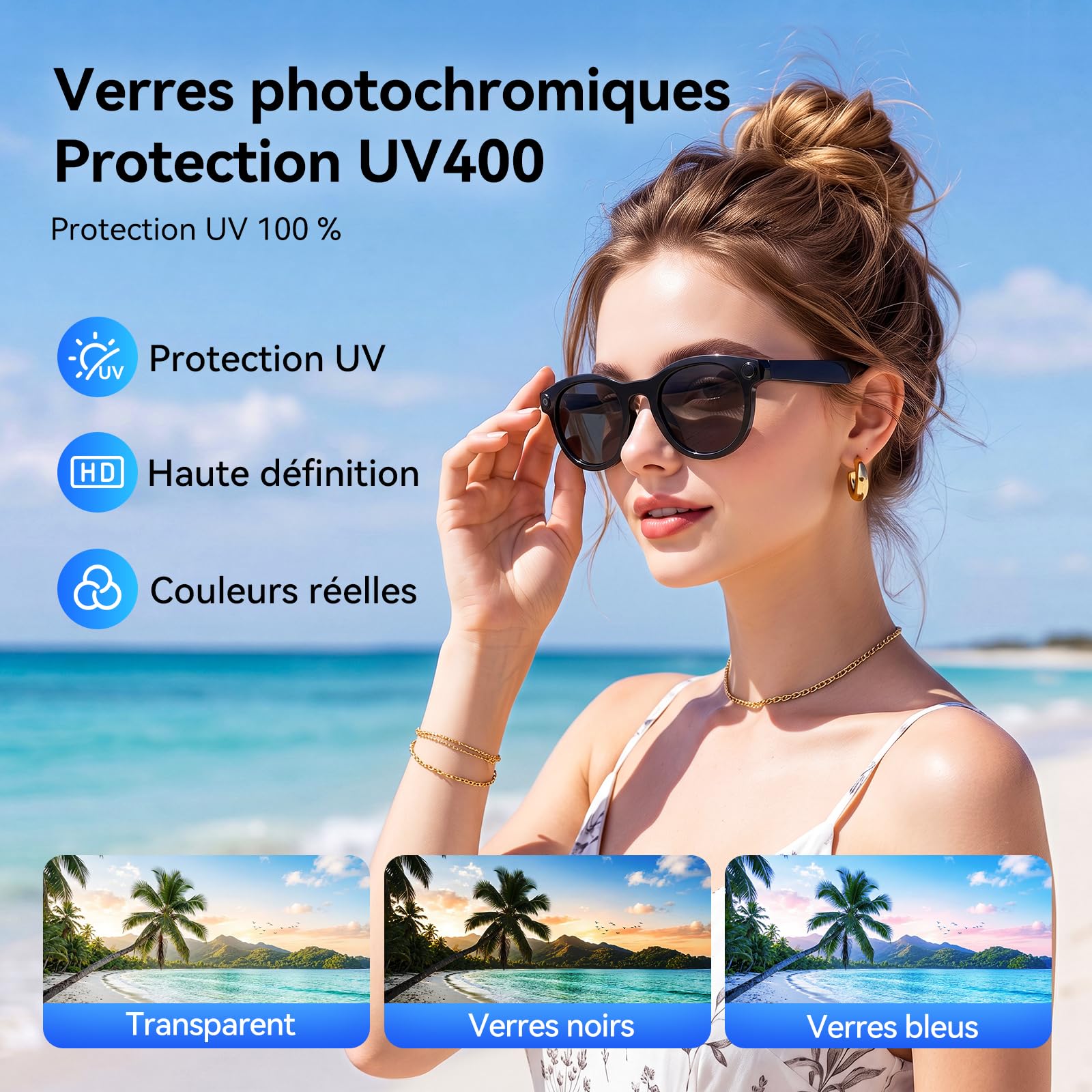 Lunettes Intelligentes AI, Lunettes de Traduction, Verres 3 Couleurs Interchangeables, Protection UV, Appareil Photo HD avec Flash LED, Assistant Vocal, pour Courir, Rouler, Réunion d'affaires