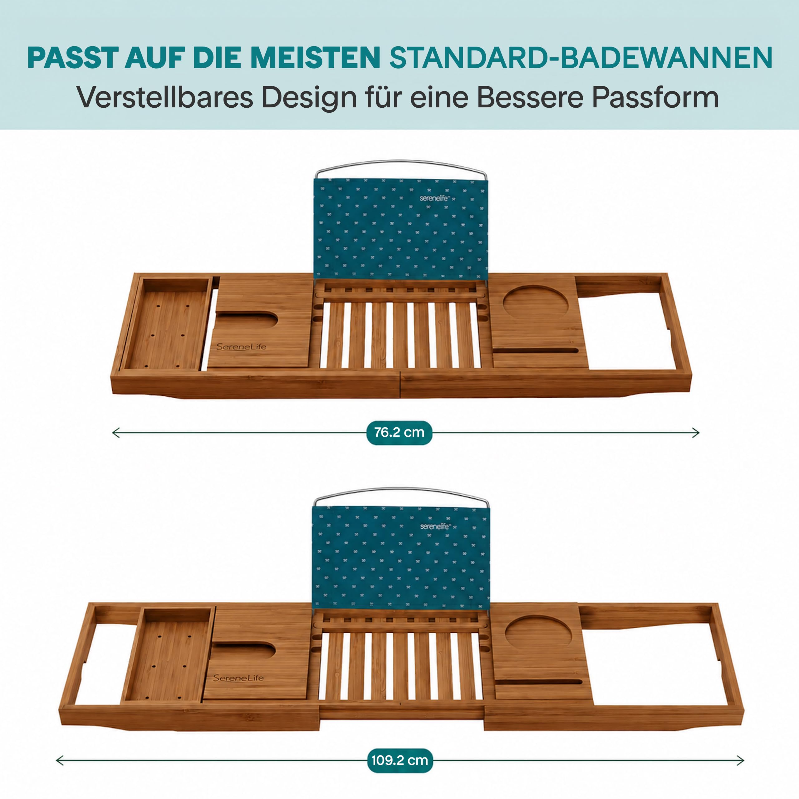 SereneLife Badewannenablage Bambus, ausziehbar mit Weinglashalter | Badewannenbrett Holz, 70–104 cm verstellbar, Tablethalter, Seifenablage, schimmelresistent, Geschenkbox