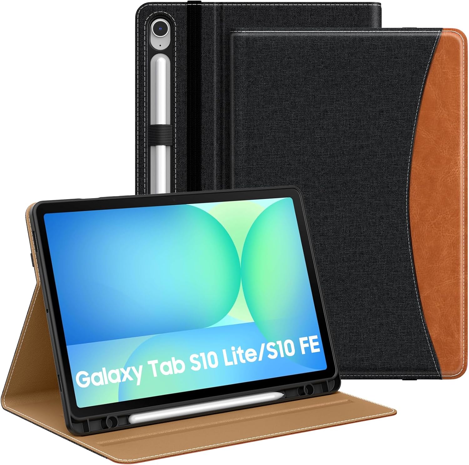 MoKo Case for Samsug Galaxy Tab S10 Lite/ S10 FE 2025/ S9 FE 10.9 inch/ S9 11 inch 2023 with S Pen Holder, PU Leather Multi-Angle Protective Cover for Galaxy S10 Lite with Hand Strap, Blue & Brown