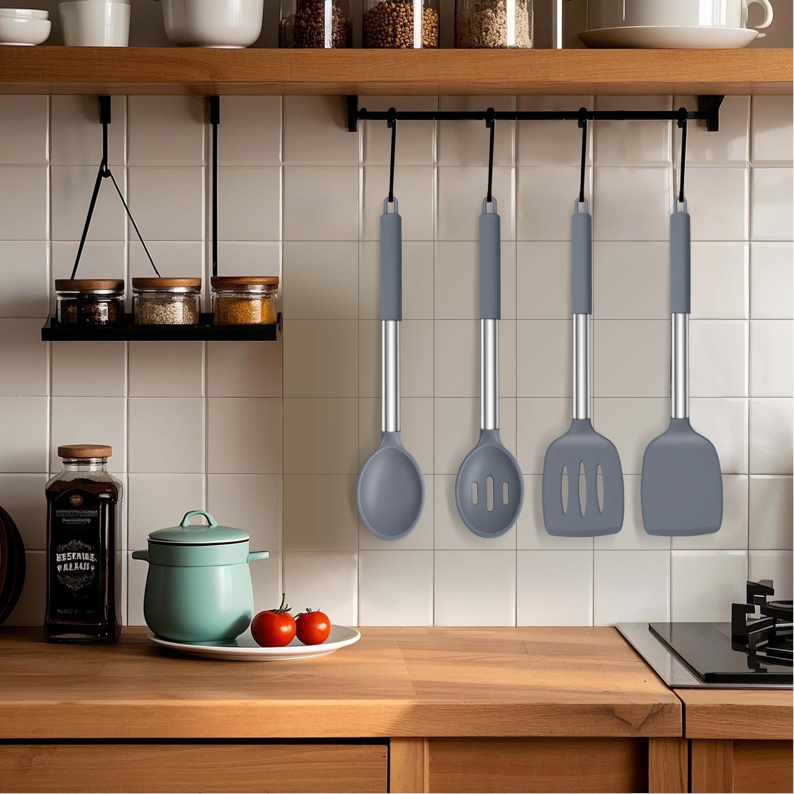 LIANYU Juego de utensilios de cocina de silicona, 6 piezas, resistentes al calor, mango de acero inoxidable antiadherente, herramientas de espátula, apto para lavavajillas, color gris