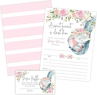 Your Main Event Prints Elephant Girl Baby Shower Invitations, Peanut Baby Shower Invites with Diaper Raffles Cards, Sprinkle, 20 Invites