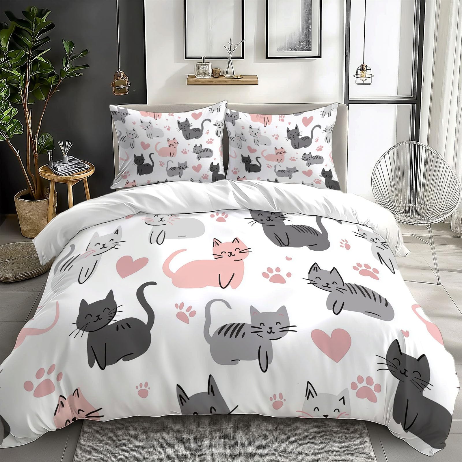 Ropa de Cama Suave y Acogedora para Cama 105 Gato Animal Abstracto De Dibujos Animados Juego de Funda de Edredón de Polialgodón 180x220 cm, 50% Poliéster y 50 Algodón Juego de Cama