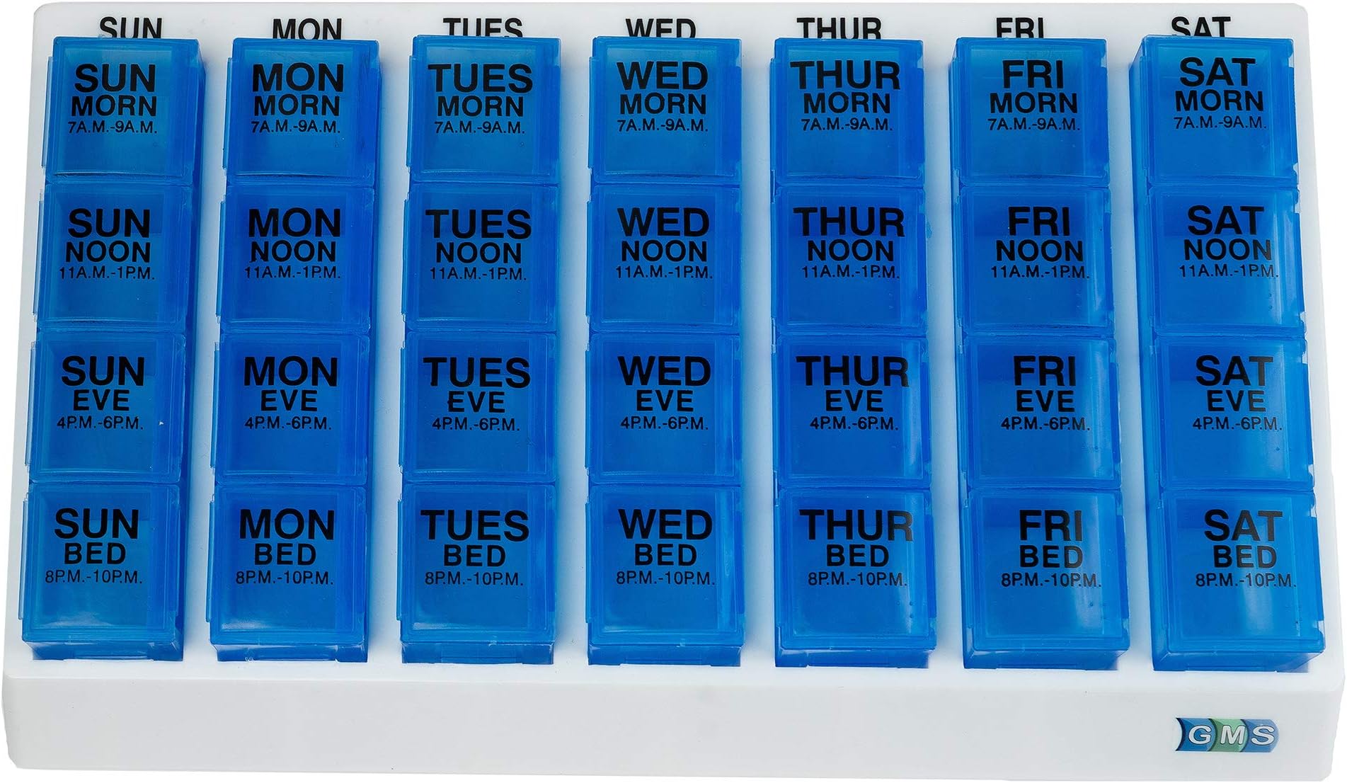 GMS 4 Times Per Day Weekly Slant Tray Pill Organizer - Includes 7 Removable Pill Boxes for Organizing and Reminding Medications While Traveling, Working, and Other Daily Activities (Blue)