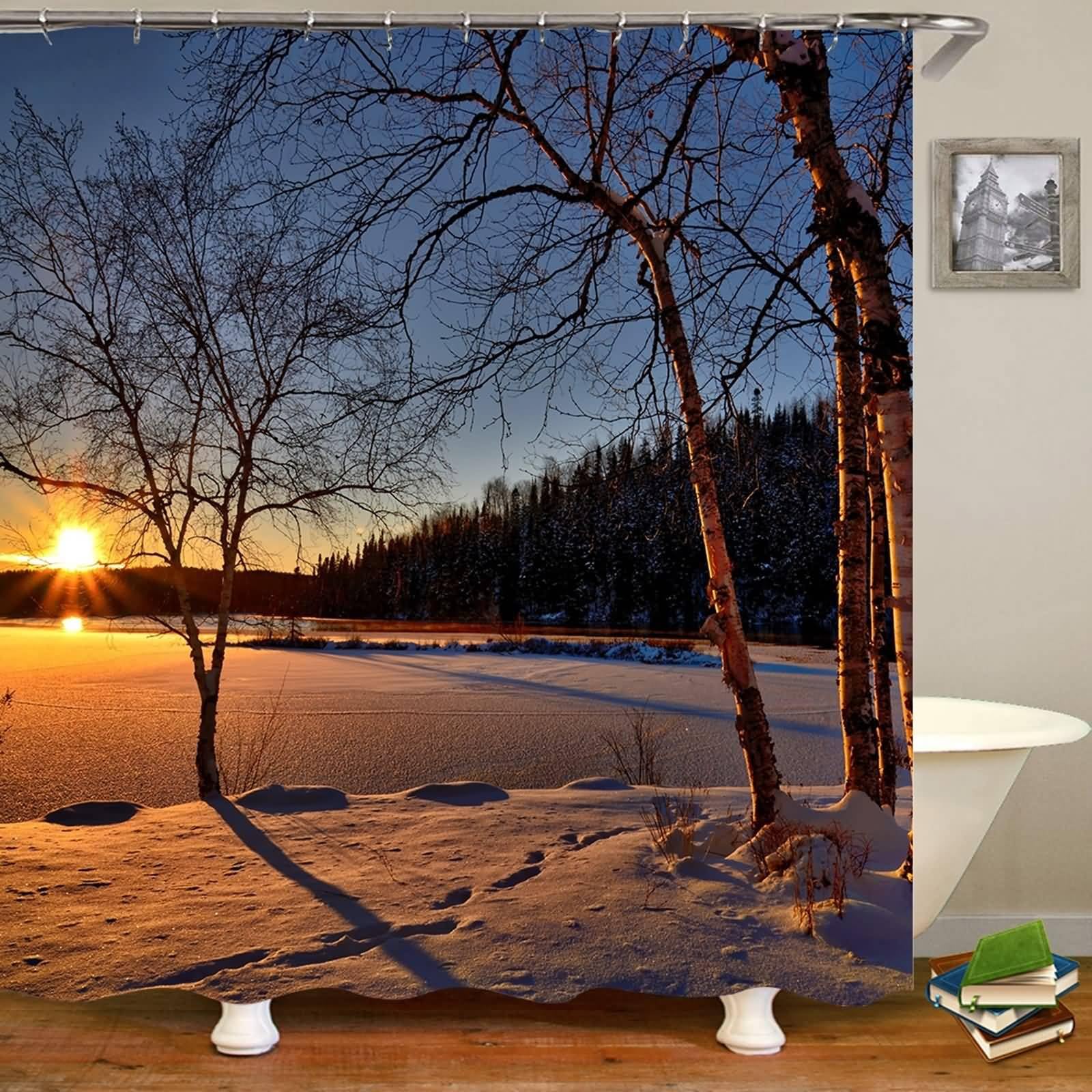 Tenda Bagno Doccia Grande, Poliestere Multicolore Alberi di neve e tramonto Tenda vasca da bagno, lavabile, asciugatrice rapida, 180x200cm