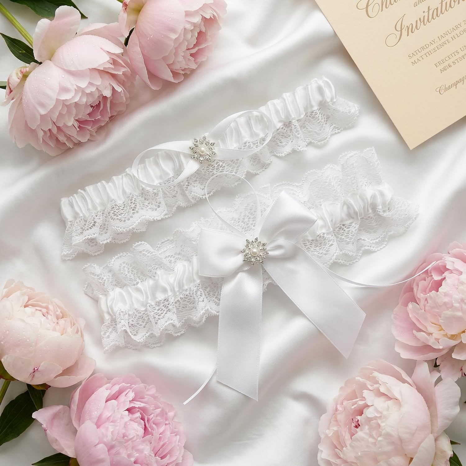Ting&Cecilly Lace Wedding Garter Set for Bride, Elastic Stretch Ribbons, Bridal Prom Leg Garters
