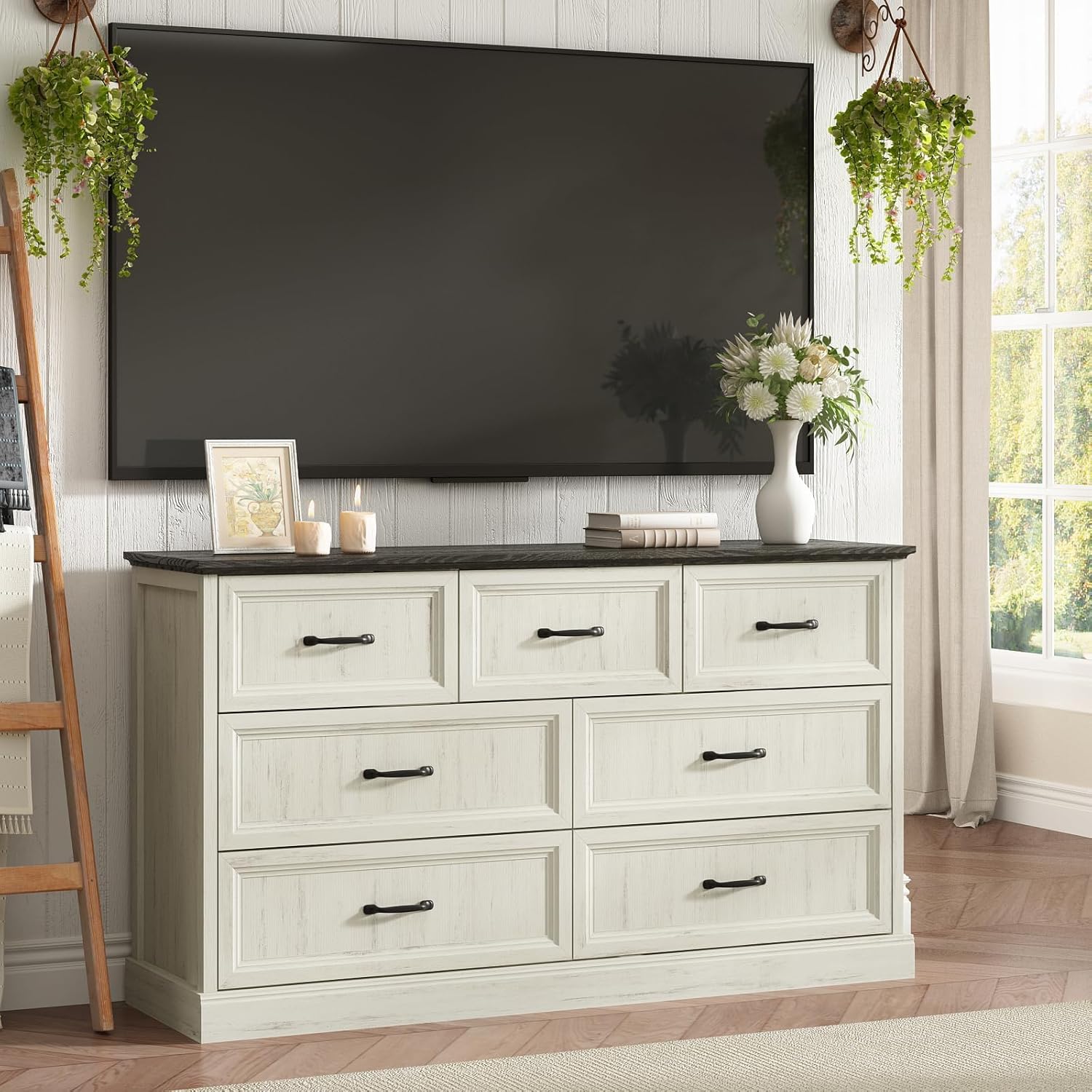 Farmhouse 7 Drawer Dresser for Bedroom, 55 Inch Wide Modern White Dresser TV Stand with Large Drawers & Bar Handles, Rustic Wood Chest of Drawers for Bedroom, Living Room