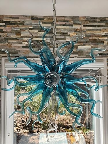 Miniatura 5 de BeyPan Lámpara de araña de cristal soplado a mano con cadena de metal, moderna escultura de cristal de lujo, decoración de techo, lámpara colgante