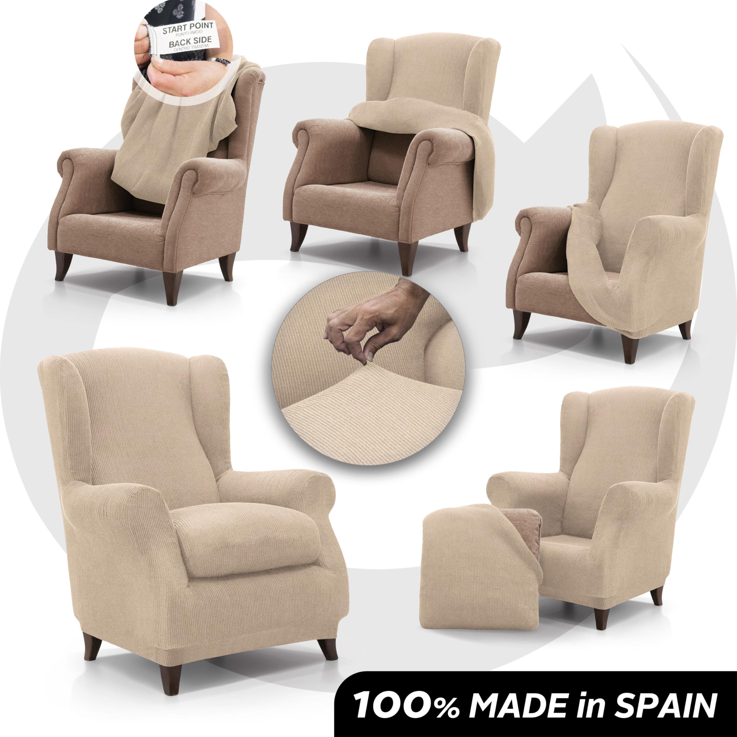 FAVERTI® Funda de Sillón Orejero Elástica de 70 a 100cm | Modelo Reale | Beige | Funda Ajustable Sillón Orejero Universal | Protector de Calidad de Tejido Jacquard Tacto algodón