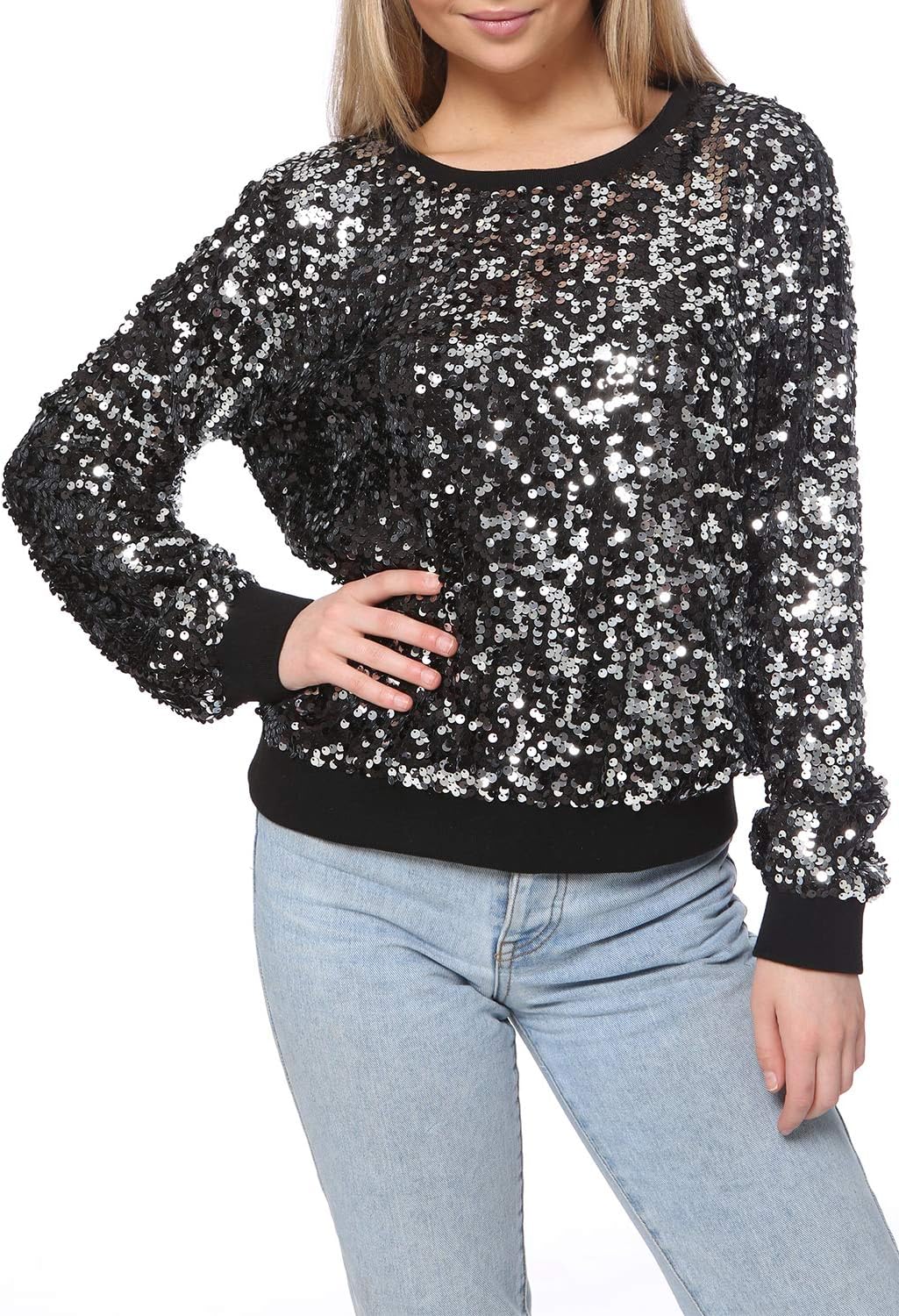 Anna-Kaci Women's Glitter Sequin Sweatshirt Long Sleeve Pullover Tops with Ribbed Cuffs - Image 3