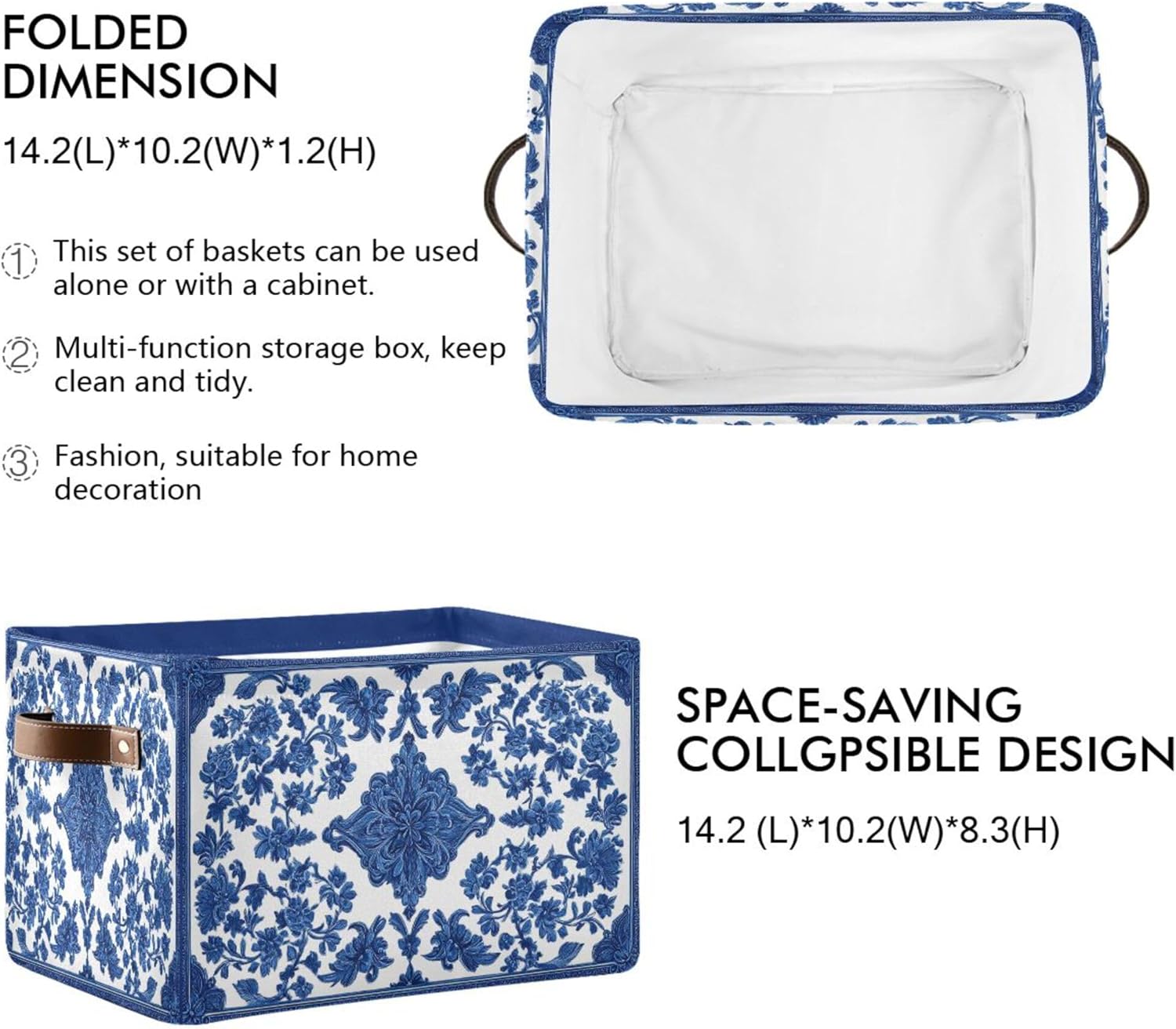 Wamika Blue White Porcelain Storage Basket with Waterproof Liner and PU Handles Flowers Storage Bins Boxes 14.2" Collapsible Decorative Organizer Baskets for Bedroom Closet Office 1 Pack