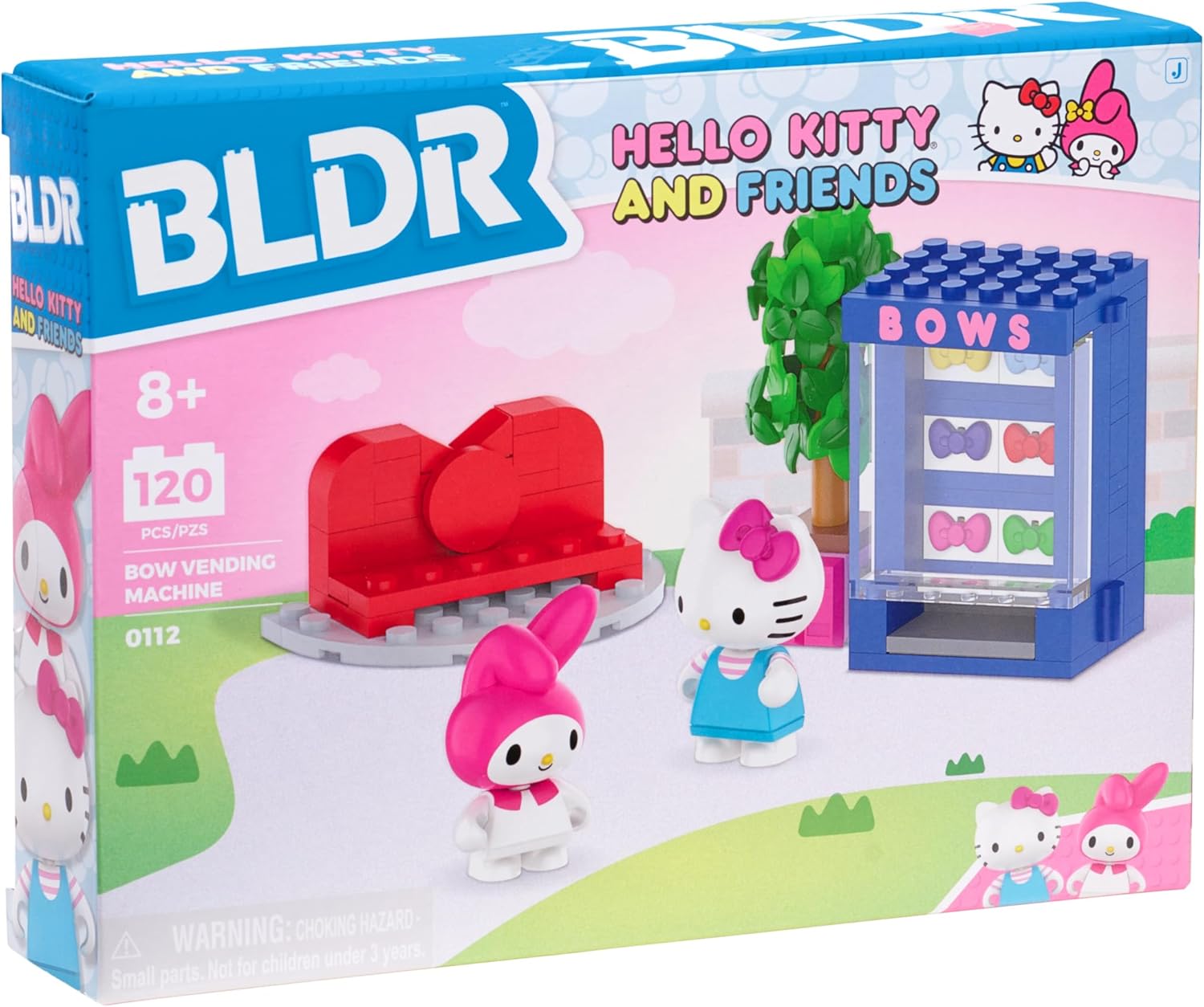Front view of the BLDR Hello Kitty and Friends Bow Vending Machine Building Set box, showing the assembled set and minifigures.
