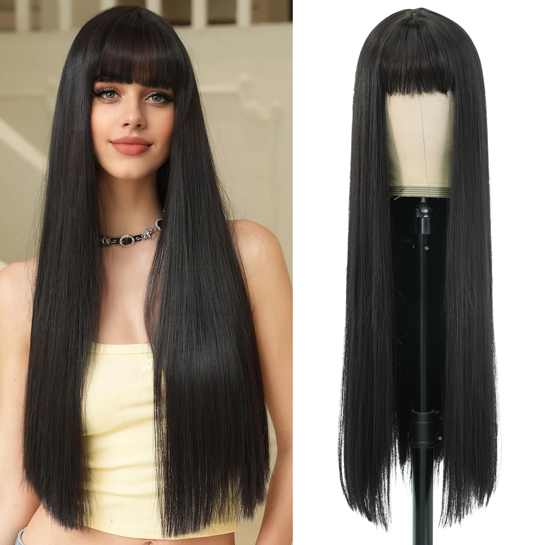 7JHH WIGS Long Straight Natural Black Wig with Bangs Heat Resistant Fiber Layered Synthetic Long Straight Wig for Cosplay Christmas Gifts Party Used