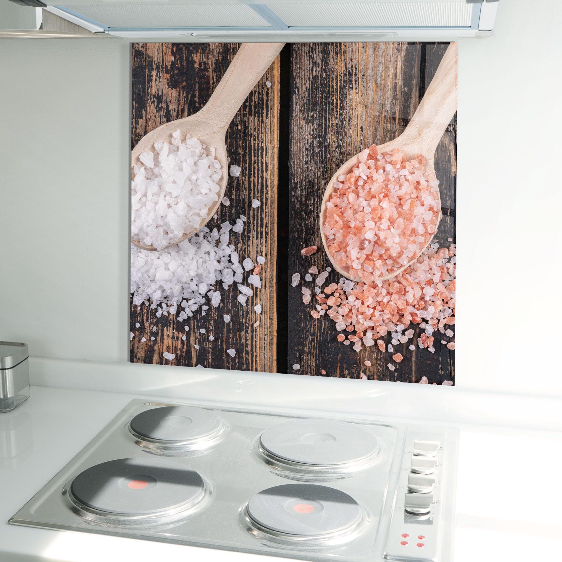 ARTHUB® Panel de Vidrio para Cocina 100x100 cm, 4mm Vidrio Templado | Protección contra Salpicaduras, Protección contra Salpicaduras para Cocina, Alimentos, Wooden Spoons Sea Salt