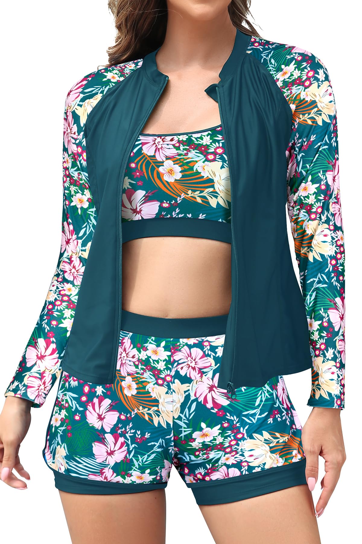 SHEKINI Traje de neopreno de manga larga con cremallera y brasier deportivo acolchado de 3 piezas para mujer, conjunto de traje de baño modesto
