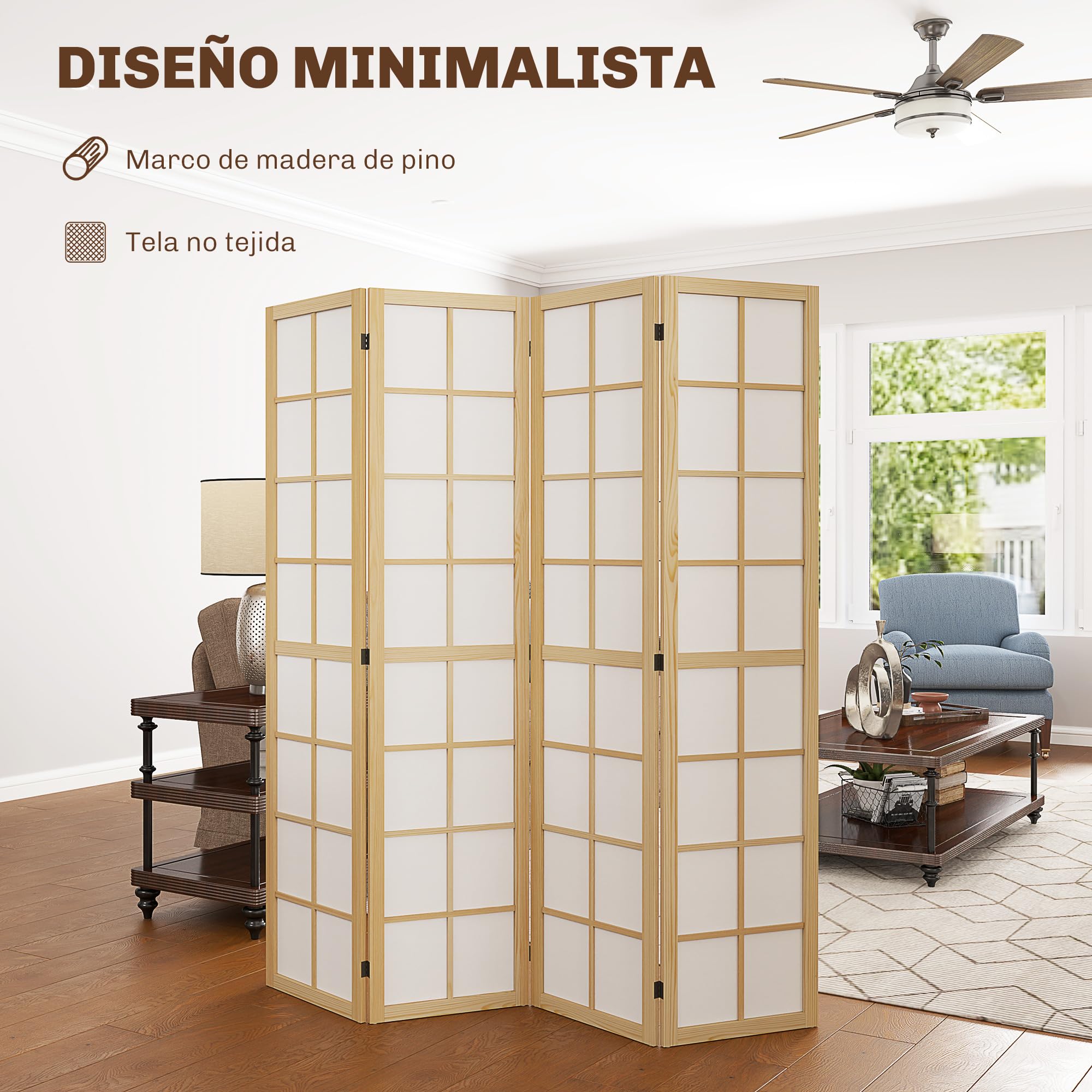 HOMCOM Biombo de 4 Paneles Plegable con Marco de Madera 160x170 cm Natural | Biombo Separador de Ambientes, Pantalla de Privacidad, Dormitorio Oficina Salón
