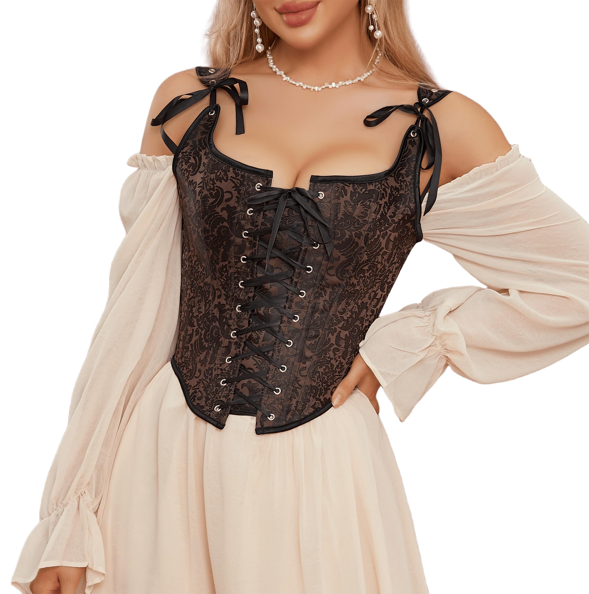 Women Vintage Floral Bustier Corset Top, Lace Up Bustier Shapewear with Boned Overbust-image-26