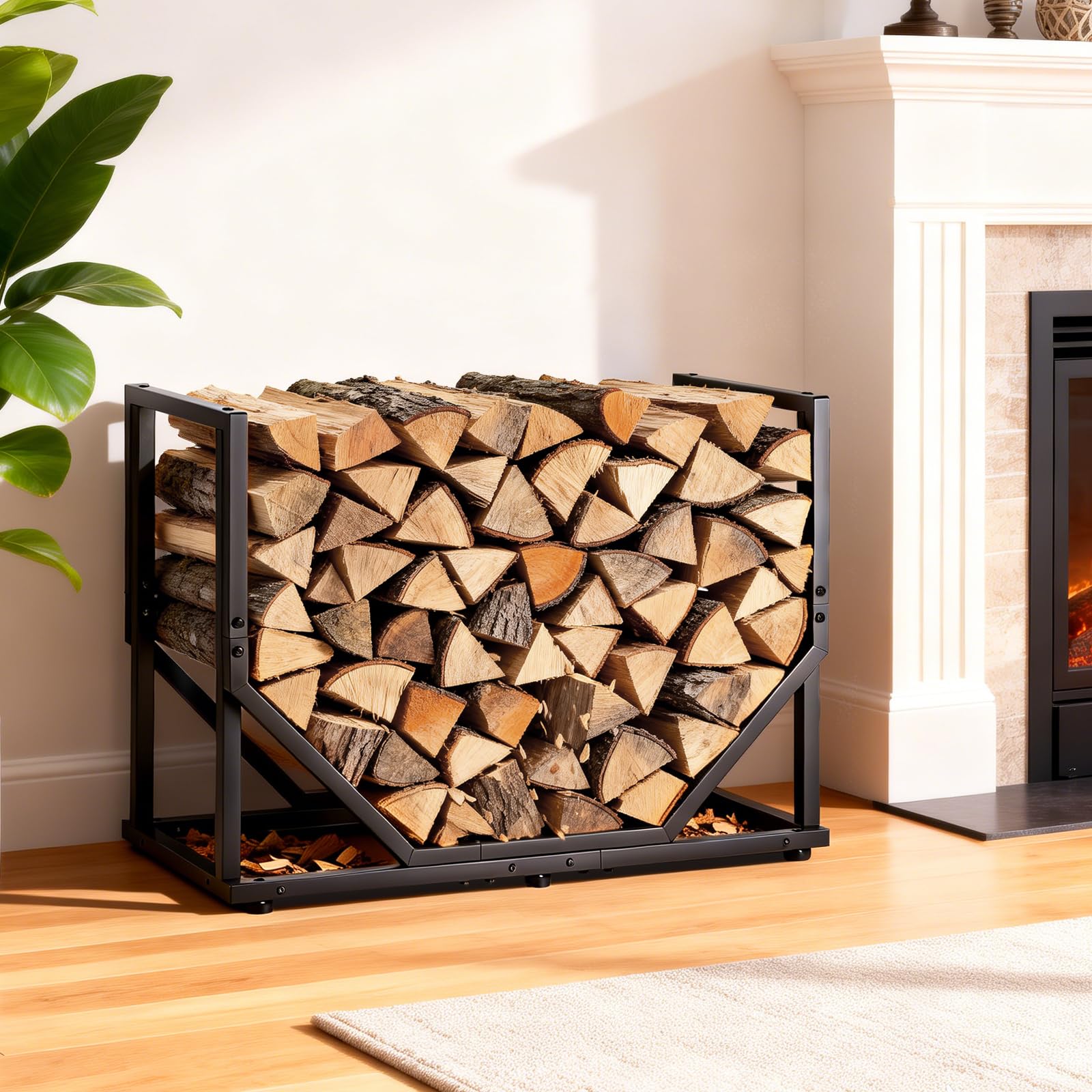 Leñero metálico, capacidad de carga de 110 kg, medidas 52×40×32 cm, soporte para leña versátil para interior y exterior, ideal para chimenea, jardín y terraza, práctico para almacenar leña