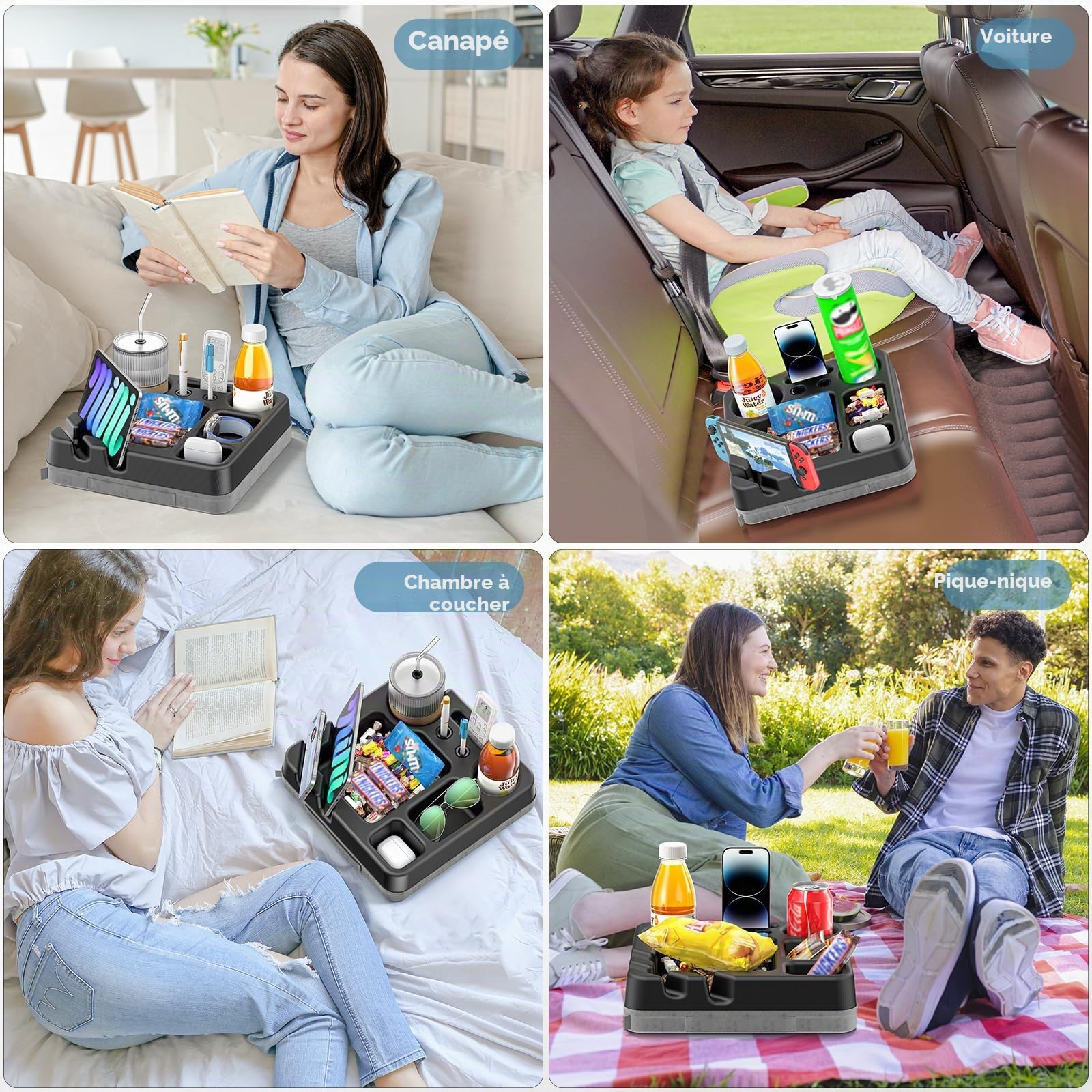 CLESOO Porte-gobelets pour Canapé - Coussin Plateau Canape avec Plateau à Collation, Support Télécommande, Porte-stylo, Support Téléphone & Tablette - Organisateur de Canapé pour Lit, Loisirs, Voiture