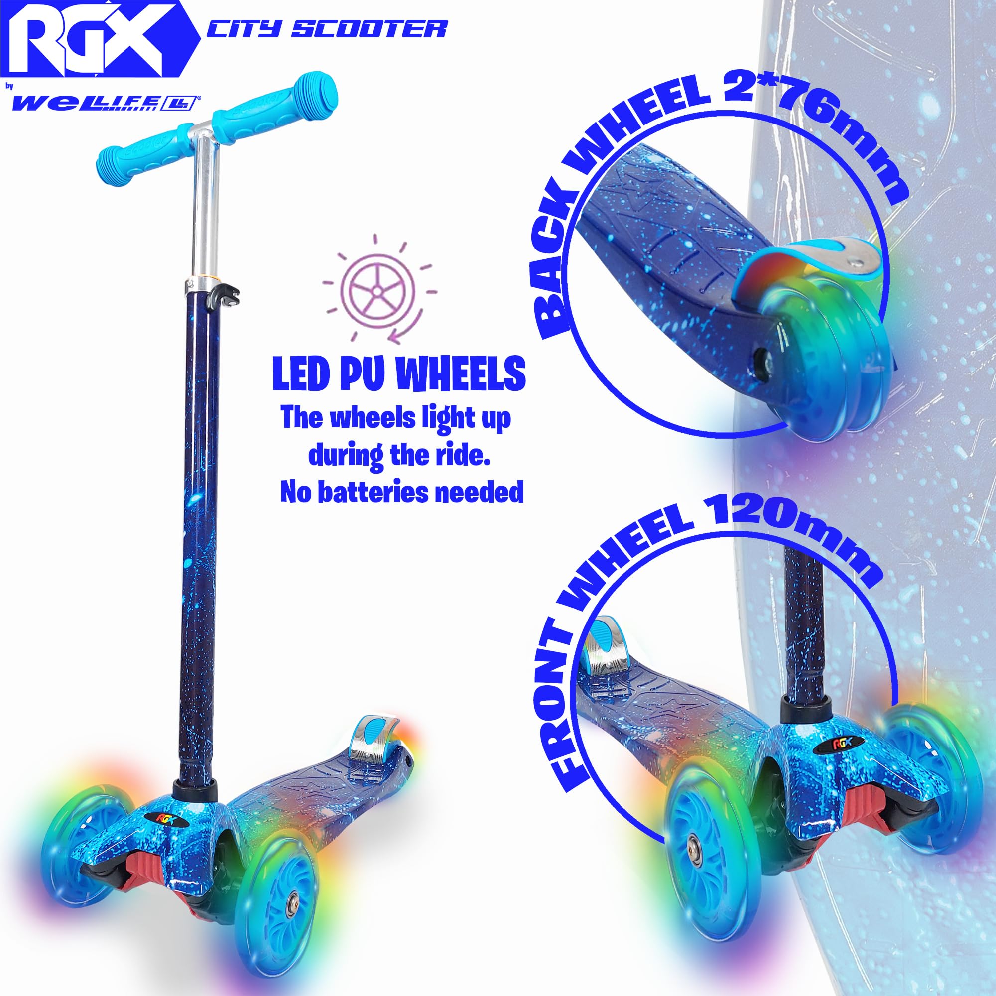 WeLLIFE | Scooter RGX | Patinete para niños de 3 a 12 años | Patinete niño 3 ruedas luminosas LED | Patinete niña con mango ajustable en altura |