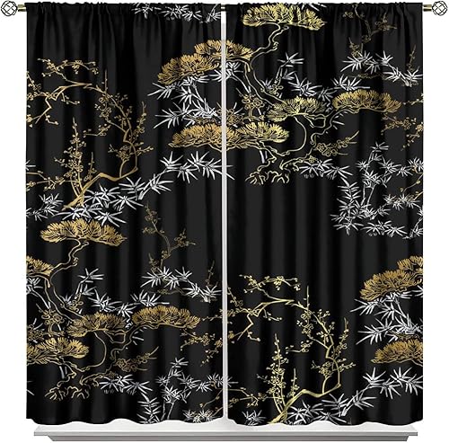 Cortinas chinas de oro negro, paisaje, tradicional, japonés, habitación temática japonesa, cortinas opacas con bolsillo para cortinero, para