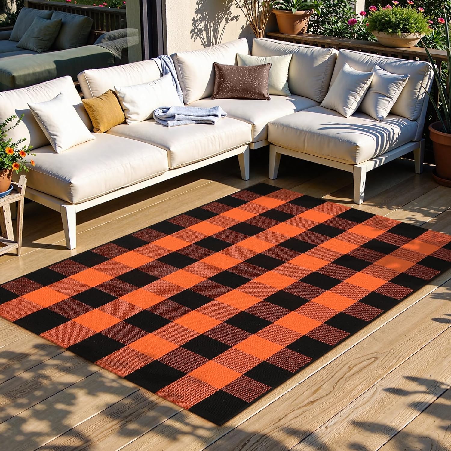 LEEVAN Halloween Rug Outdoor 3x5, Buffalo Plaid Washable Orange and Black Front Porch Rugs, Thanksgiving Checkered Cotton Woven Entryway Layered Door Mat for Farmhouse Patio/Kitchen Decor