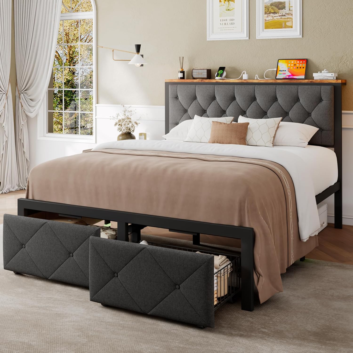 Queen Bed Frame with 2 Storage Drawers, Metal Platform Bed with Charging Station, Upholstered Button Tufted Storage Headboard, No Box Spring Needed, Easy Assembly, Noise-Free, Grey