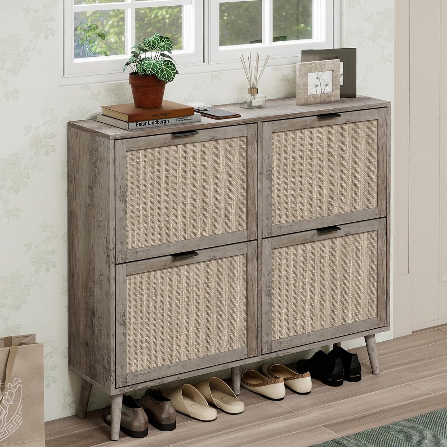 vistavie Shoe Cabinet Storage for Entryway, Rattan Shoe Storage Cabinet with 4 Flip Drawer, Boho Shoe Rack with Pine Legs, Narrow Hidden Shoe Storage for Entryway, Hallway, Dark Grey