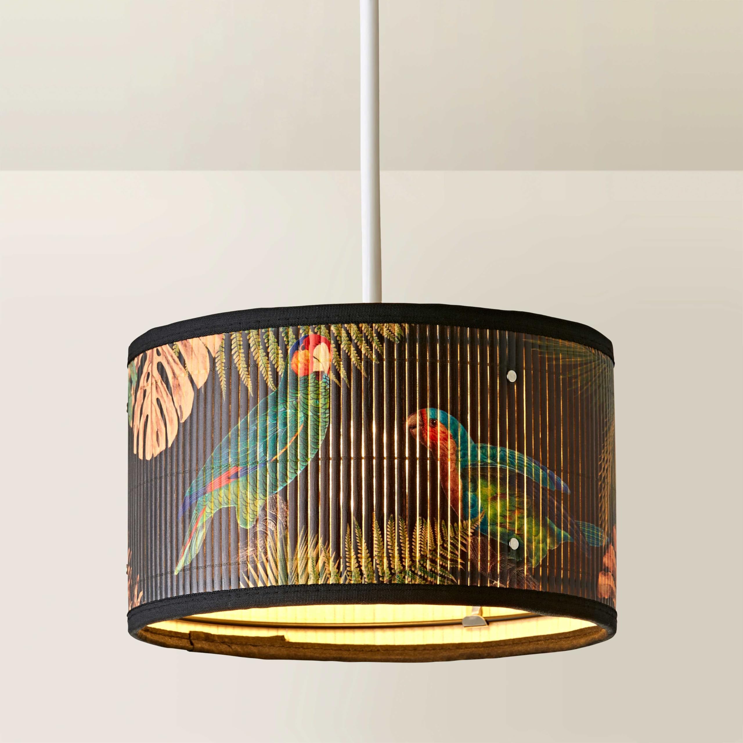 ValueLights Daintree Bamboo Drum Ceiling Lamp Shade - Dark Jungle Toucan Print - Small - Cream
