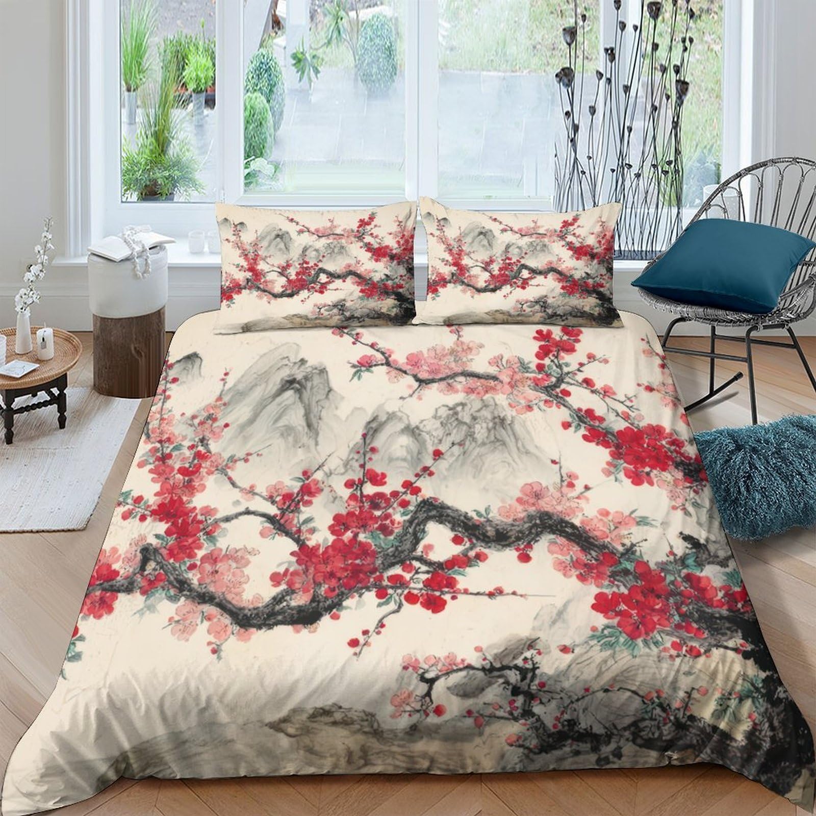 Ctjqhvkz Style-3 3D Printed Plum Blossom Art Fitted Sheet Microfiber Soft Oriental Ink Mattress Cover For Bedroom Decor Single（135X200cm）