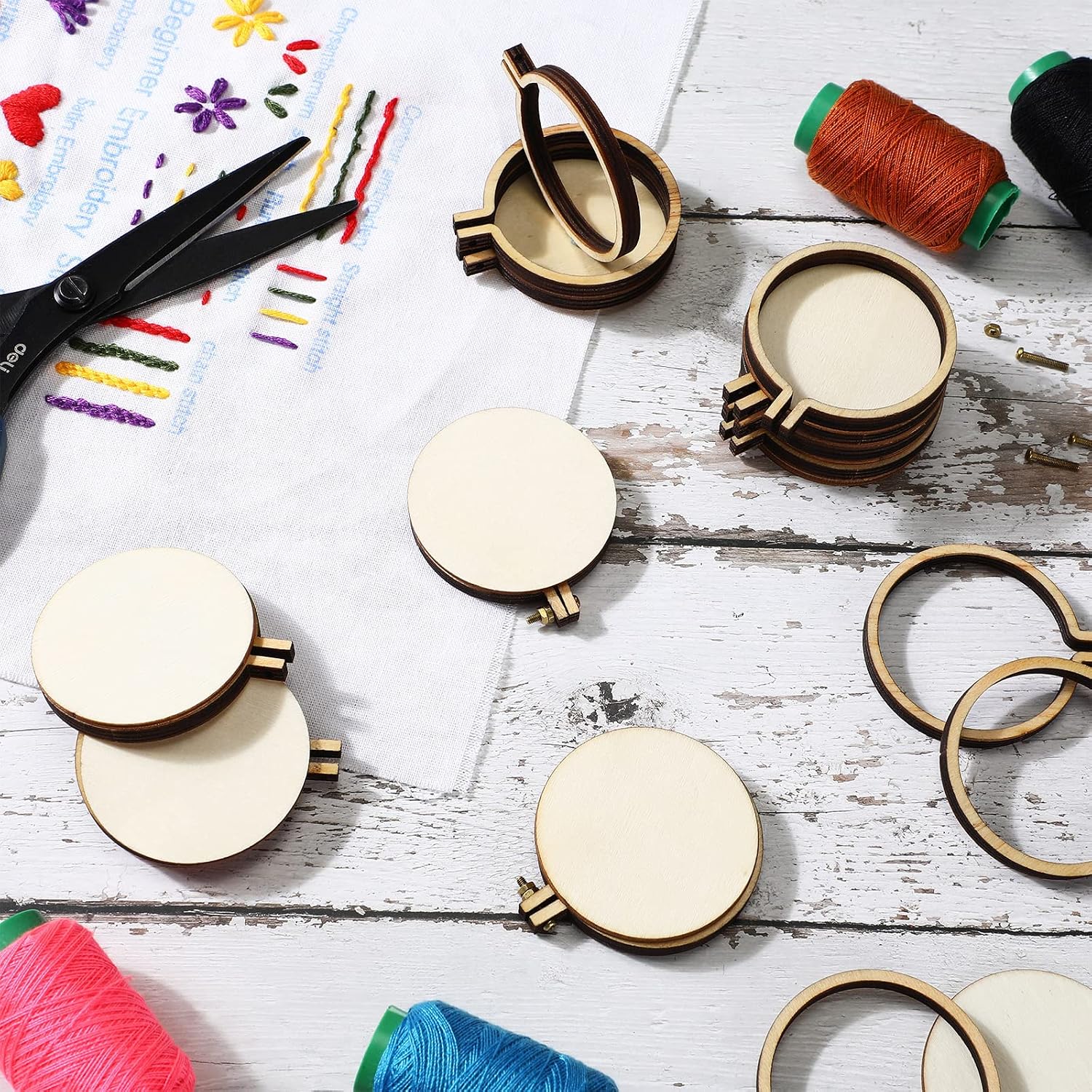 Jetec 20 Pieces Mini Embroidery Hoops Wooden Small Tiny Embroidery Hoops Adjustable Circle Cross Stitch Ring Bulk for Home Ornaments Art Craft Handy Sewing(Classic)